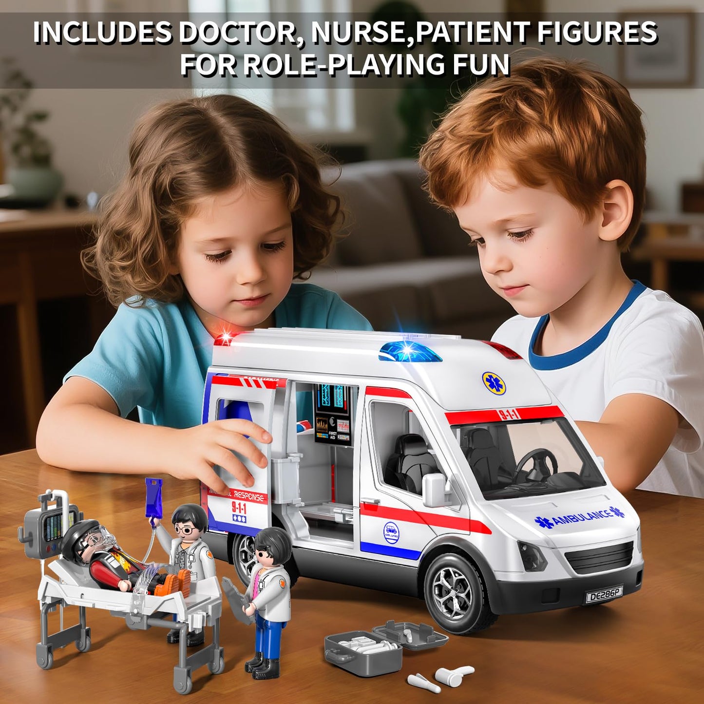 YunWings Ambulance Toy – Friction-Powered Emergency Vehicle with Lights & Sounds (Ages 3-12)