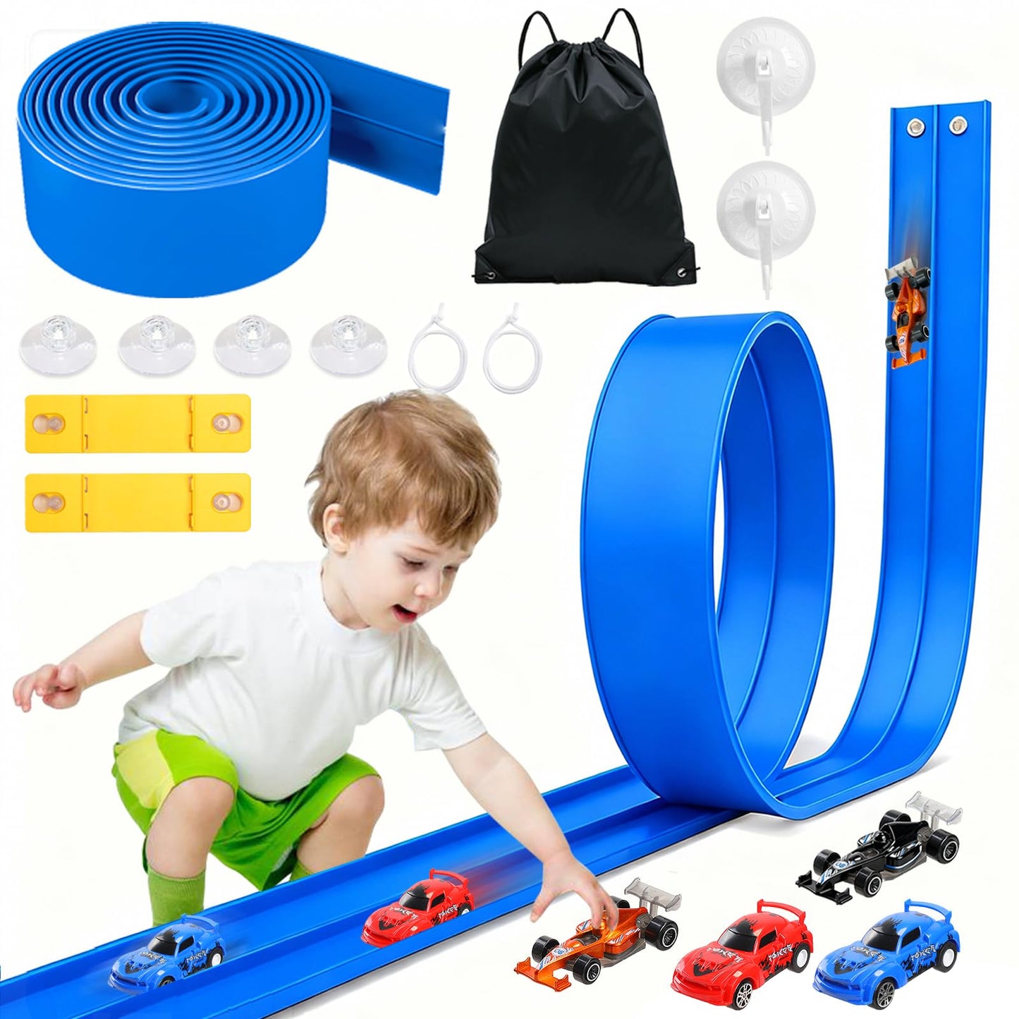 Yunzuiyue 20ft Flexible Race Track with 4 Cars – Portable Suction-Cup DIY Race Car Track (Blue)