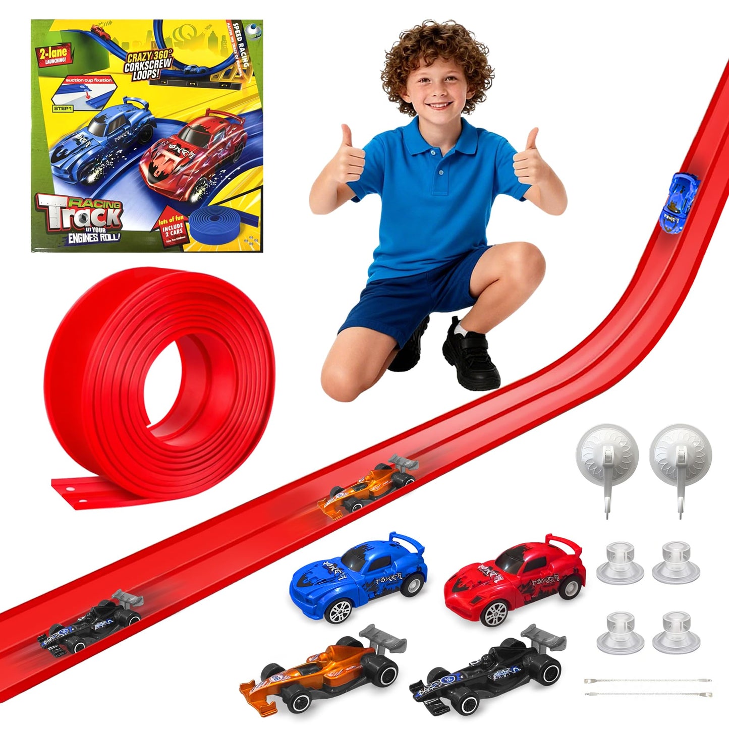 Yunzuiyue 20ft Flexible Race Track with 4 Cars – Portable Roll-Up DIY Car Track (Red)