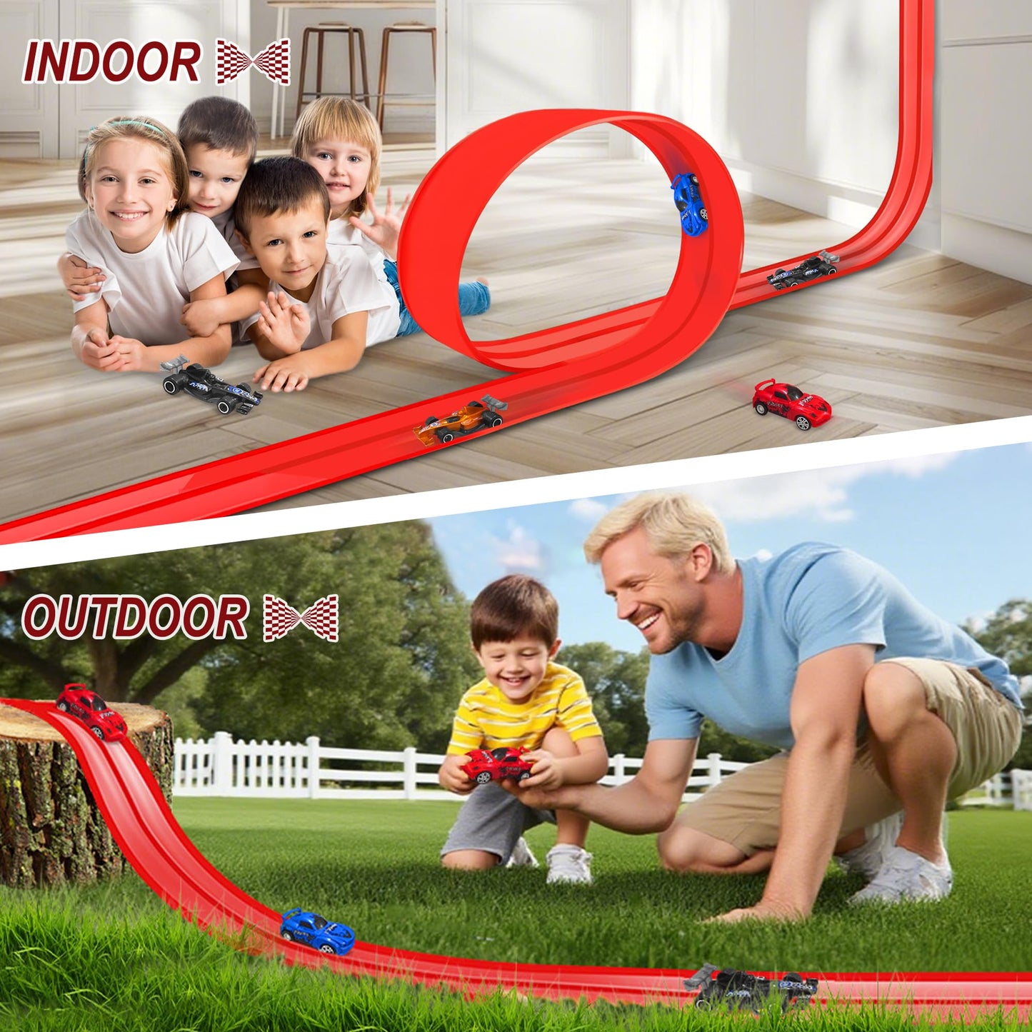 Yunzuiyue 20ft Flexible Race Track with 4 Cars – Portable Roll-Up DIY Car Track (Red)