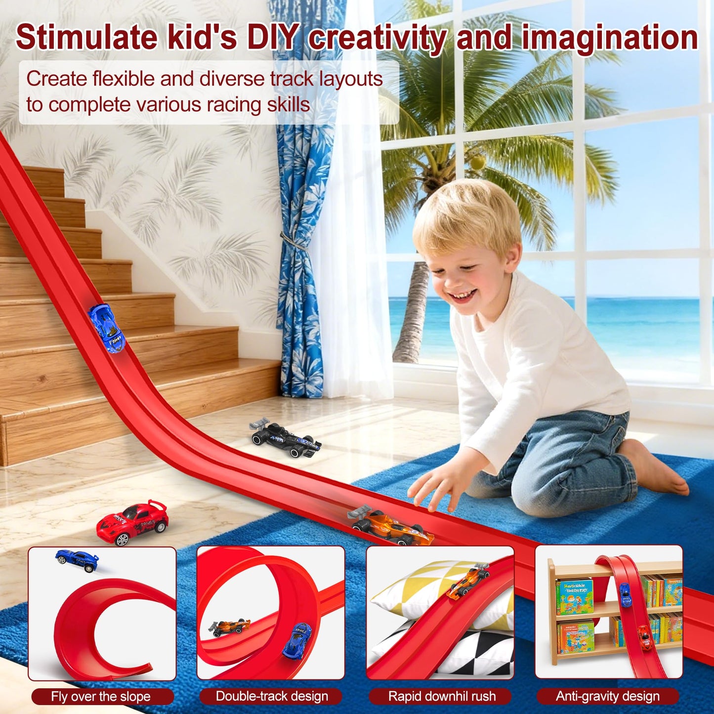 Yunzuiyue 20ft Flexible Race Track with 4 Cars – Portable Roll-Up DIY Car Track (Red)