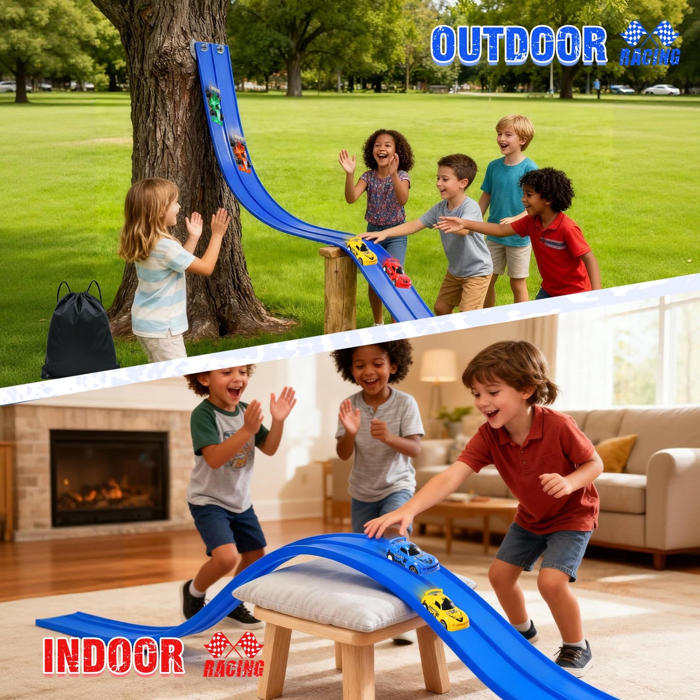 Yunzuiyue 20ft Flexible Race Track with 4 Cars – Portable Suction-Cup DIY Race Car Track (Blue)