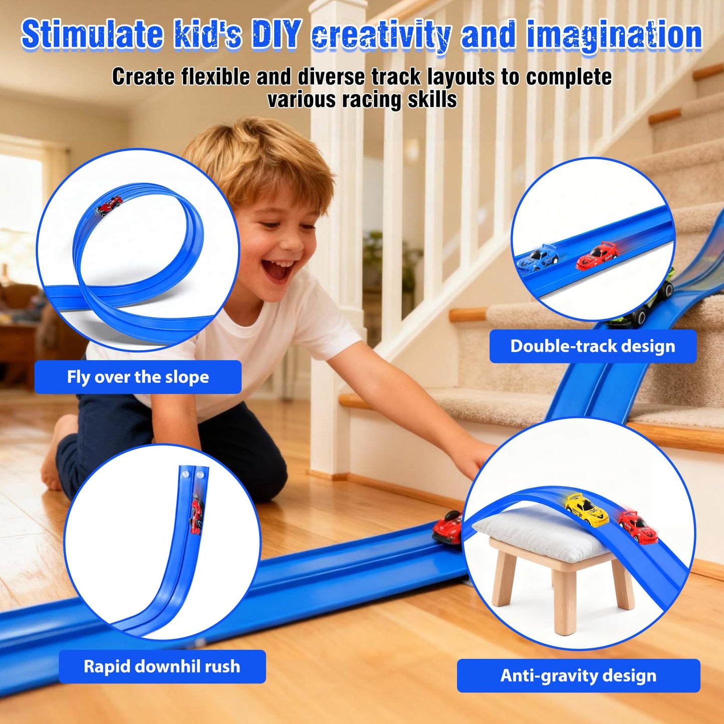 Yunzuiyue 20ft Flexible Race Track with 4 Cars – Portable Suction-Cup DIY Race Car Track (Blue)