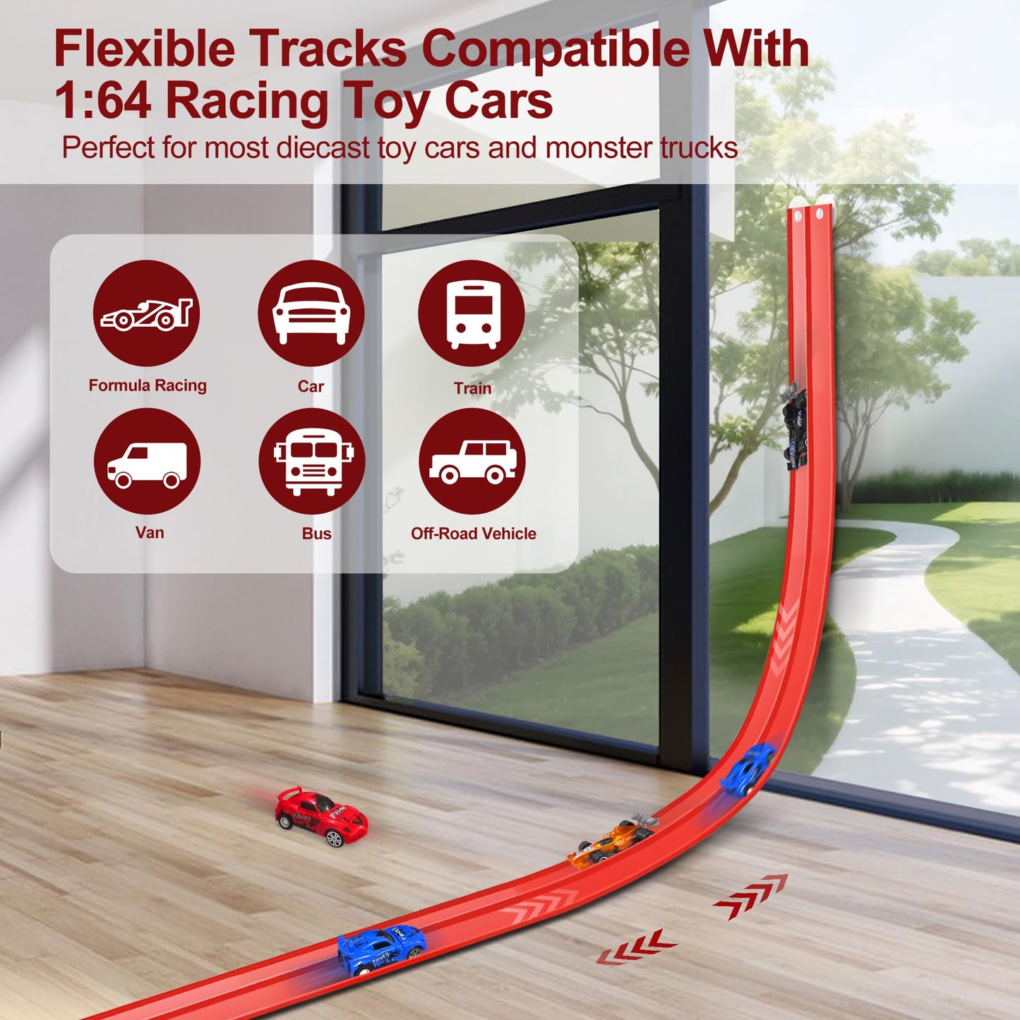 Yunzuiyue 20ft Flexible Race Track with 4 Cars – Portable Roll-Up DIY Car Track (Red)