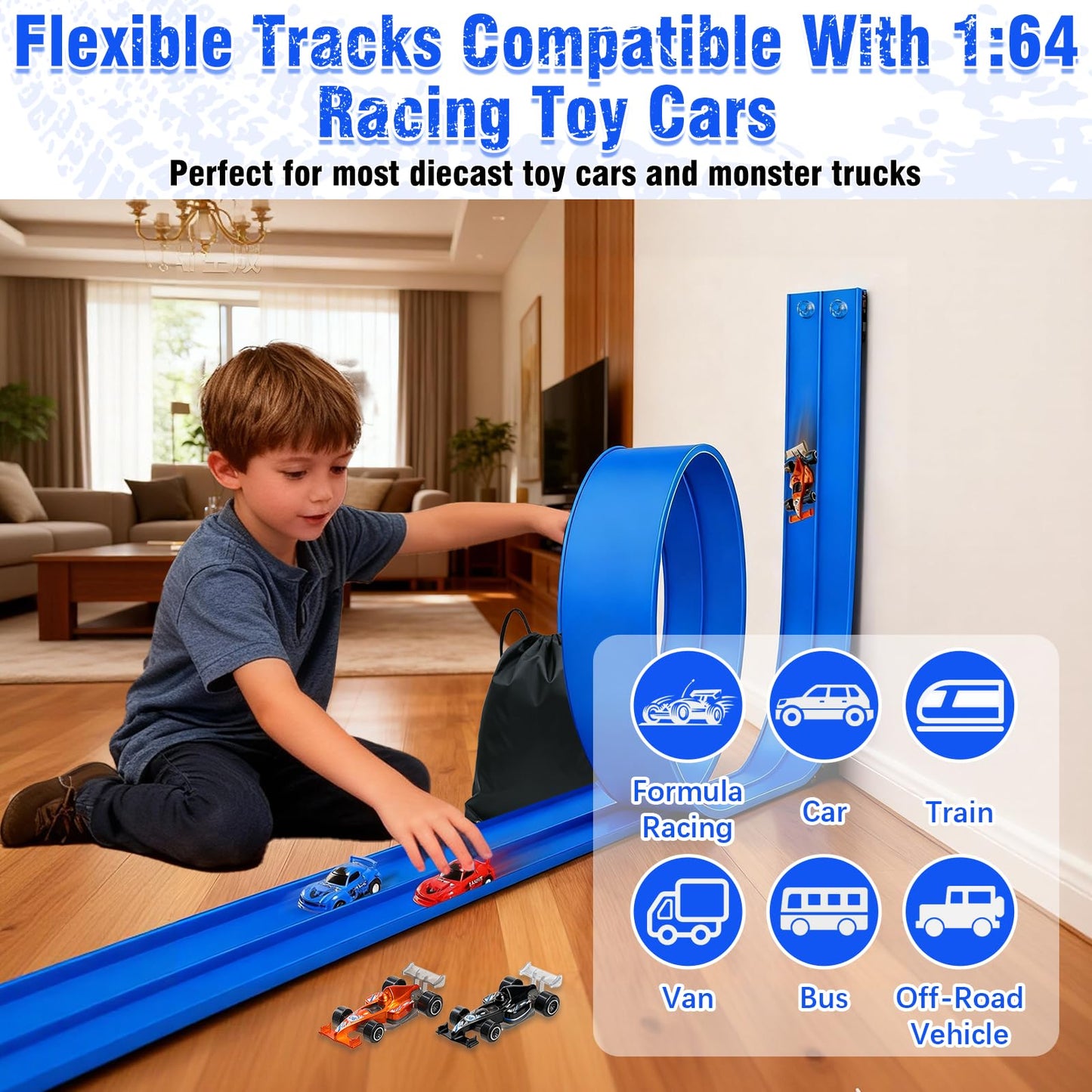 Yunzuiyue 20ft Flexible Race Track with 4 Cars – Portable Suction-Cup DIY Race Car Track (Blue)