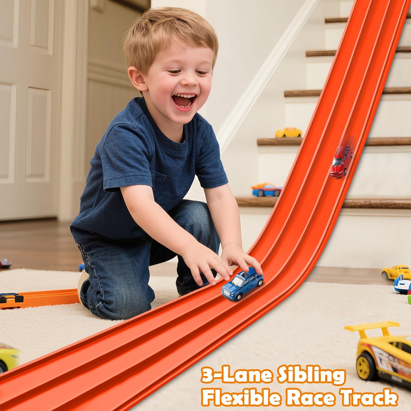 YUOIOYU 3-Lane Flexible Race Track for Kids – 15ft, 1/64 Scale Cars