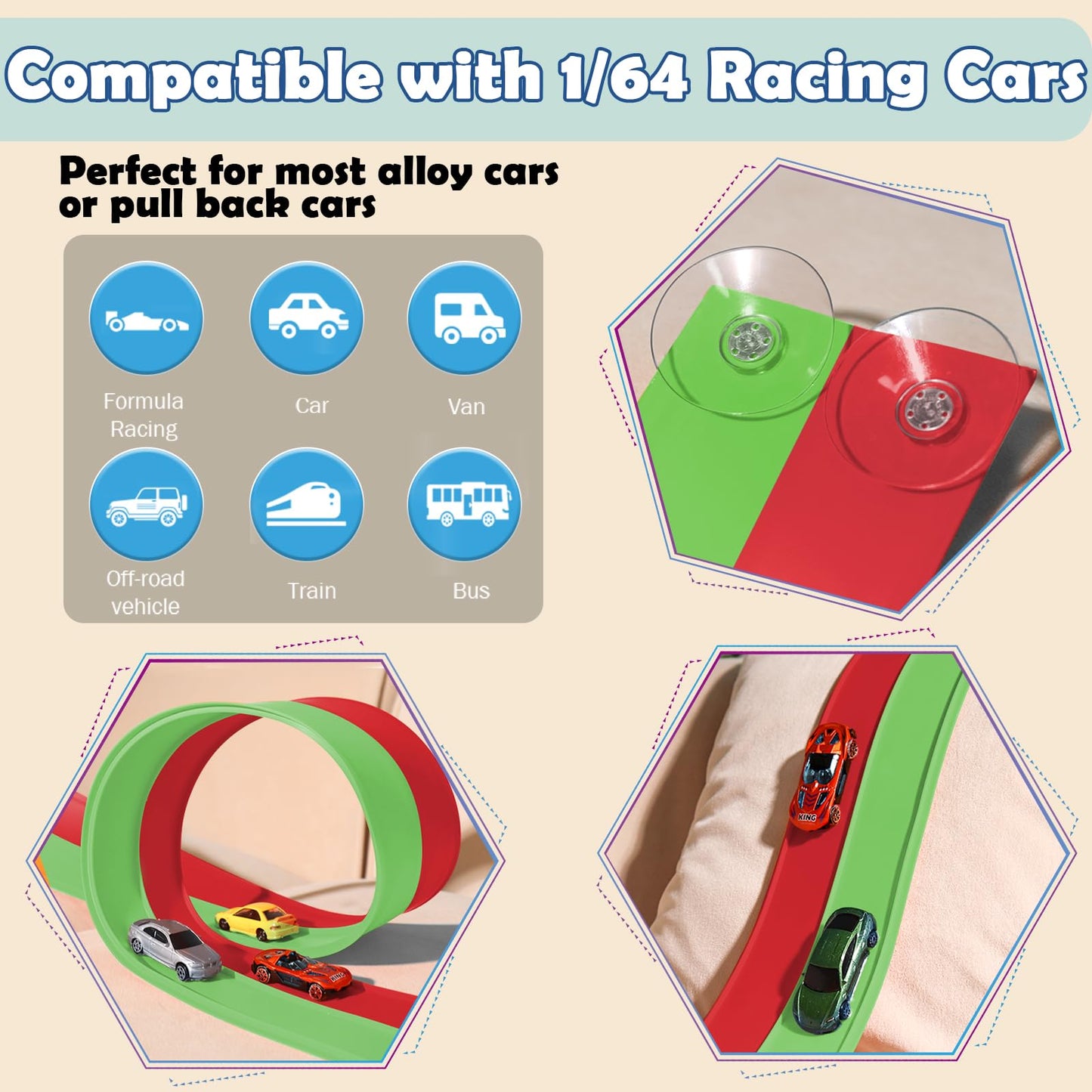 YUOIOYU Flex Tracks 15 Ft Starter Set – Flexible Race Track for Kids 3+ with Strong Suction Cups