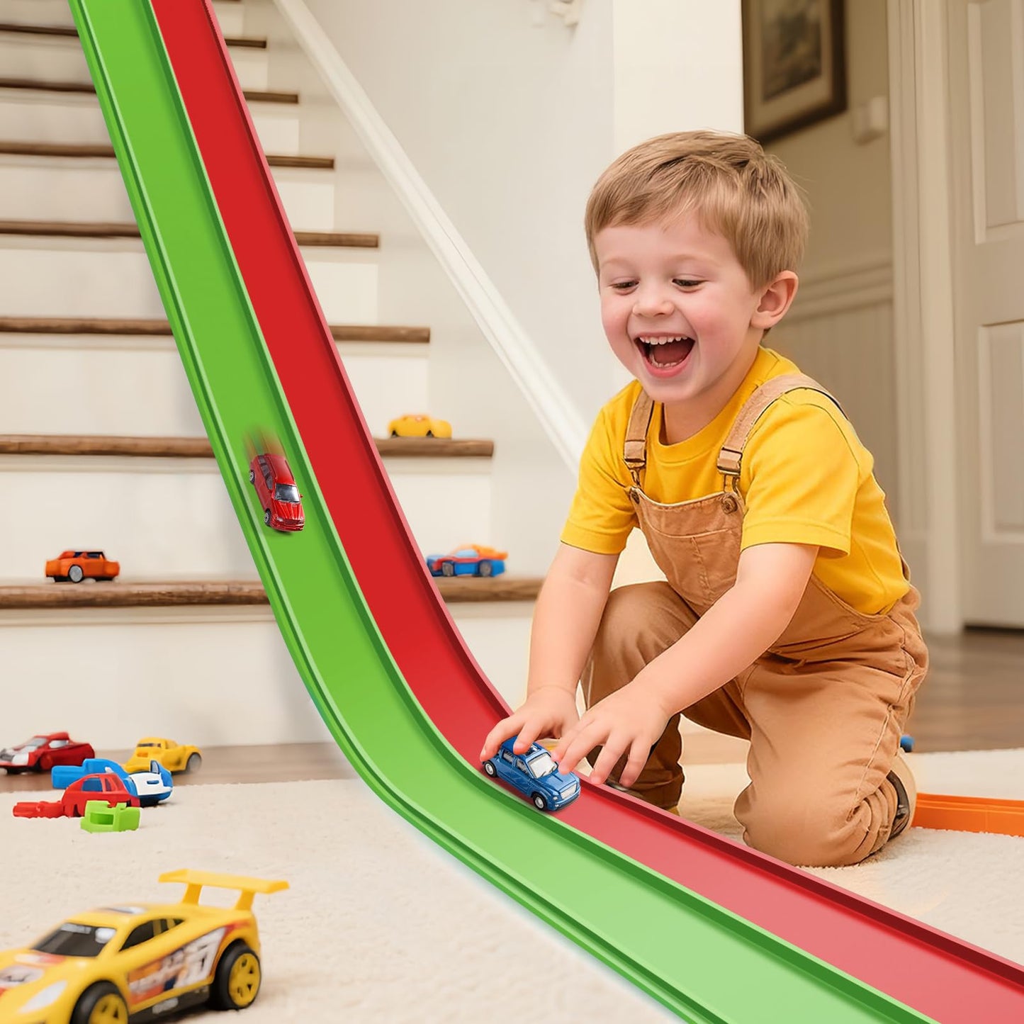YUOIOYU Flex Tracks 15 Ft Starter Set – Flexible Race Track for Kids 3+ with Strong Suction Cups