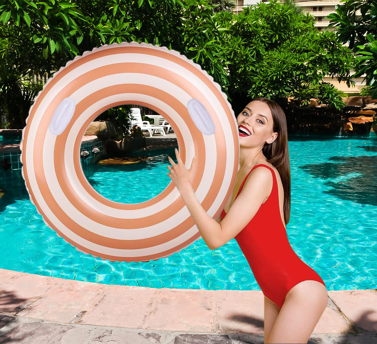 Yuokwer Inflatable Pool Floats for Adults - 2 Pack 43-inch and 30-inch Orange Striped