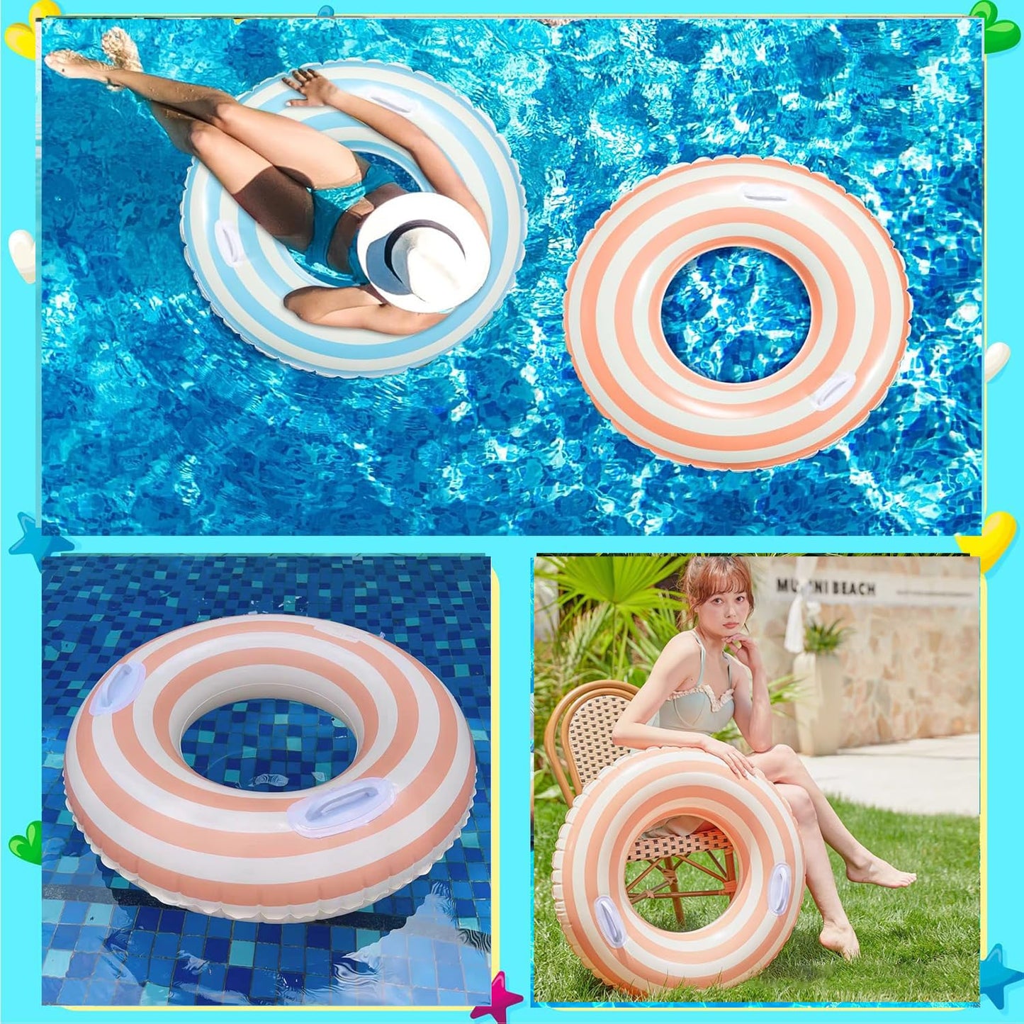 Yuokwer Inflatable Pool Floats for Adults - 2 Pack 43-inch and 30-inch Orange Striped