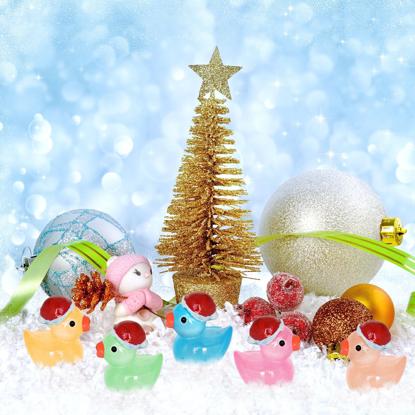 Yuronam 70 Pcs Luminous Tiny Christmas Ducks – Glow-in-the-Dark Resin Ducks for Slime, Dollhouse, Garden (10 Colors)
