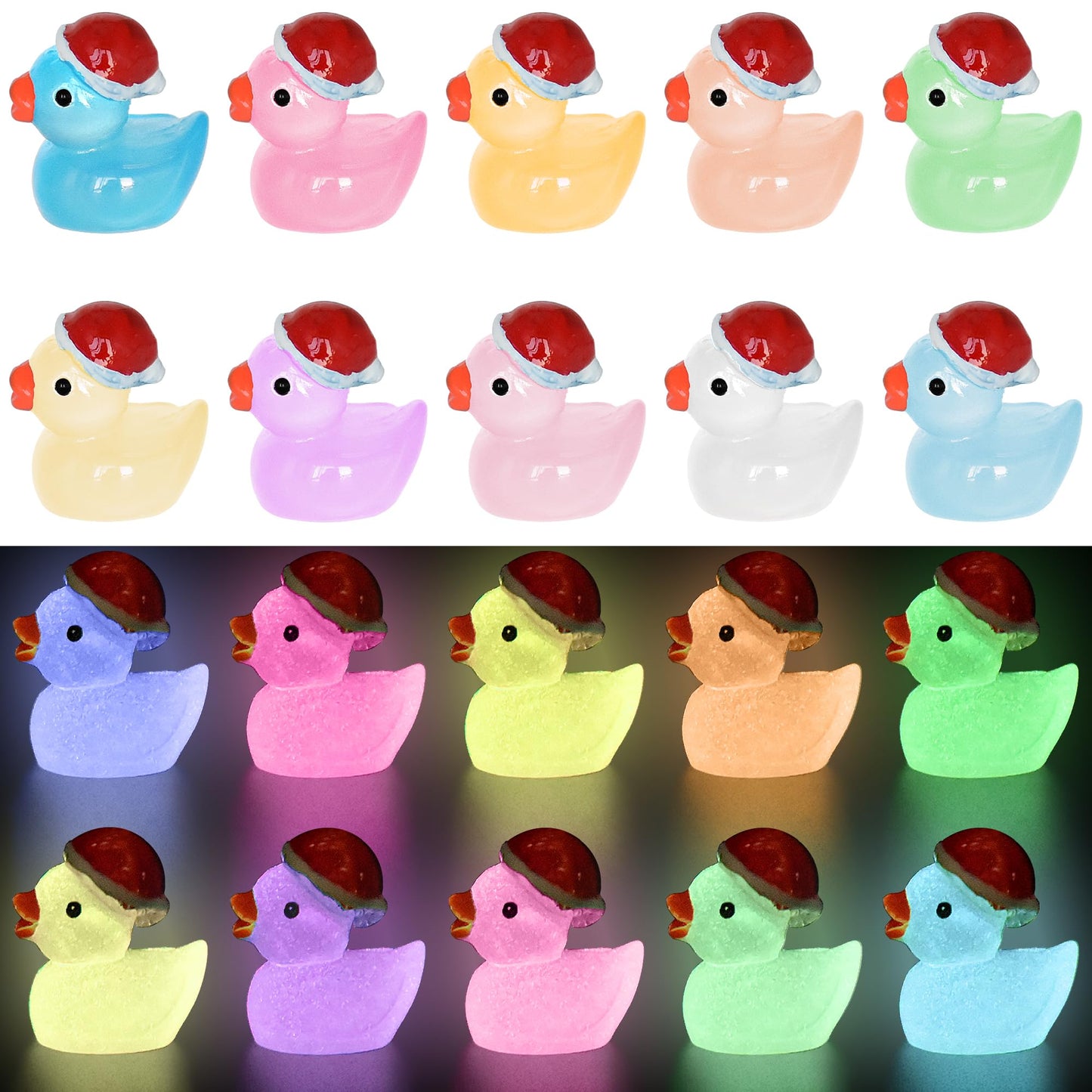 Yuronam 70 Pcs Luminous Tiny Christmas Ducks – Glow-in-the-Dark Resin Ducks for Slime, Dollhouse, Garden (10 Colors)