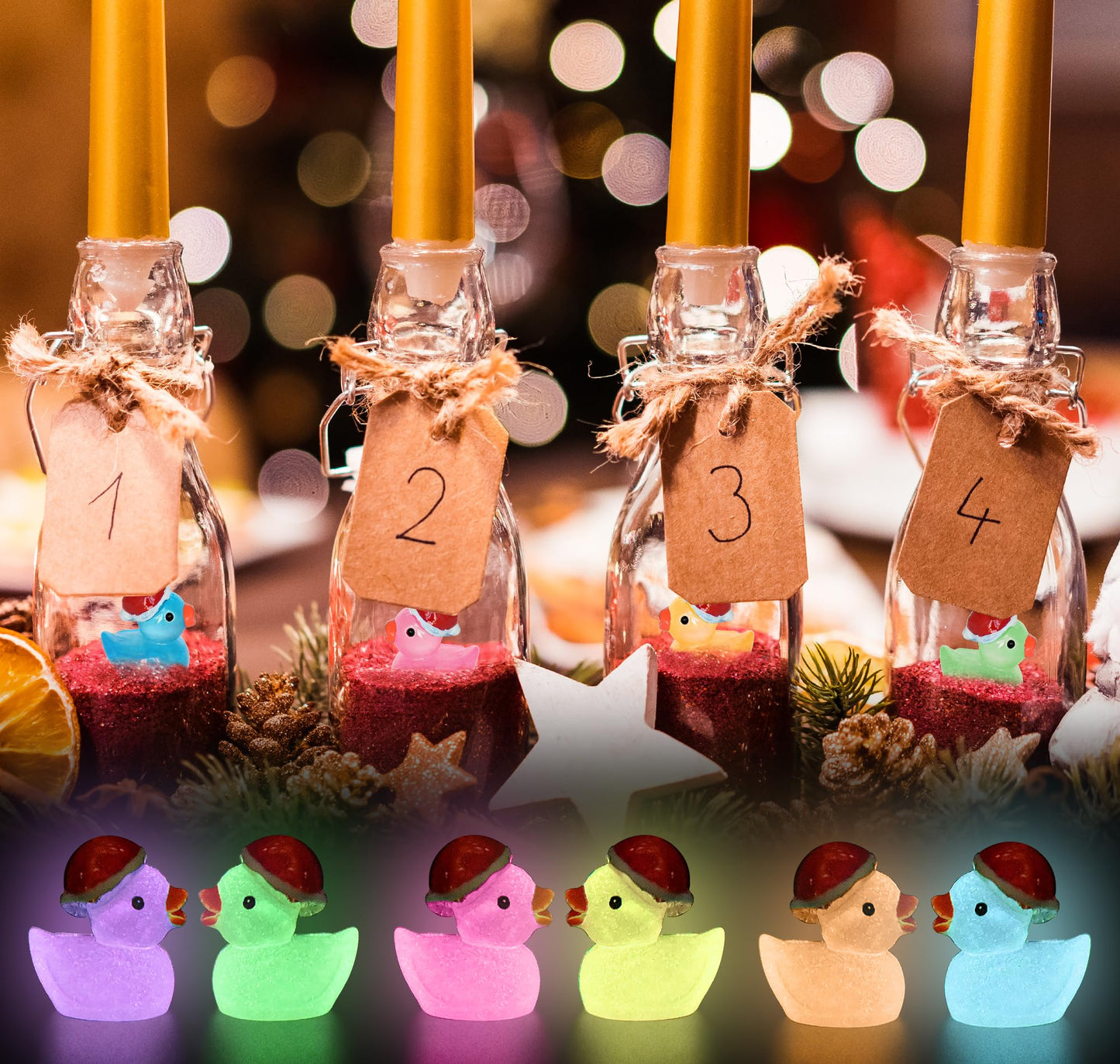 Yuronam 70 Pcs Luminous Tiny Christmas Ducks – Glow-in-the-Dark Resin Ducks for Slime, Dollhouse, Garden (10 Colors)