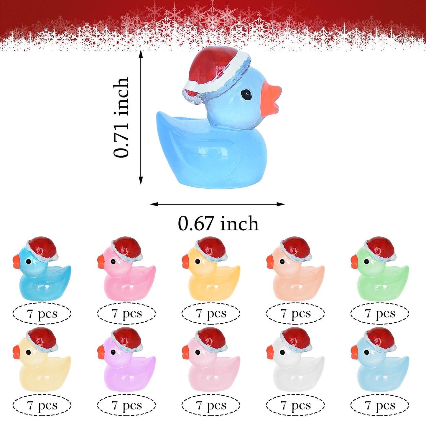 Yuronam 70 Pcs Luminous Tiny Christmas Ducks – Glow-in-the-Dark Resin Ducks for Slime, Dollhouse, Garden (10 Colors)