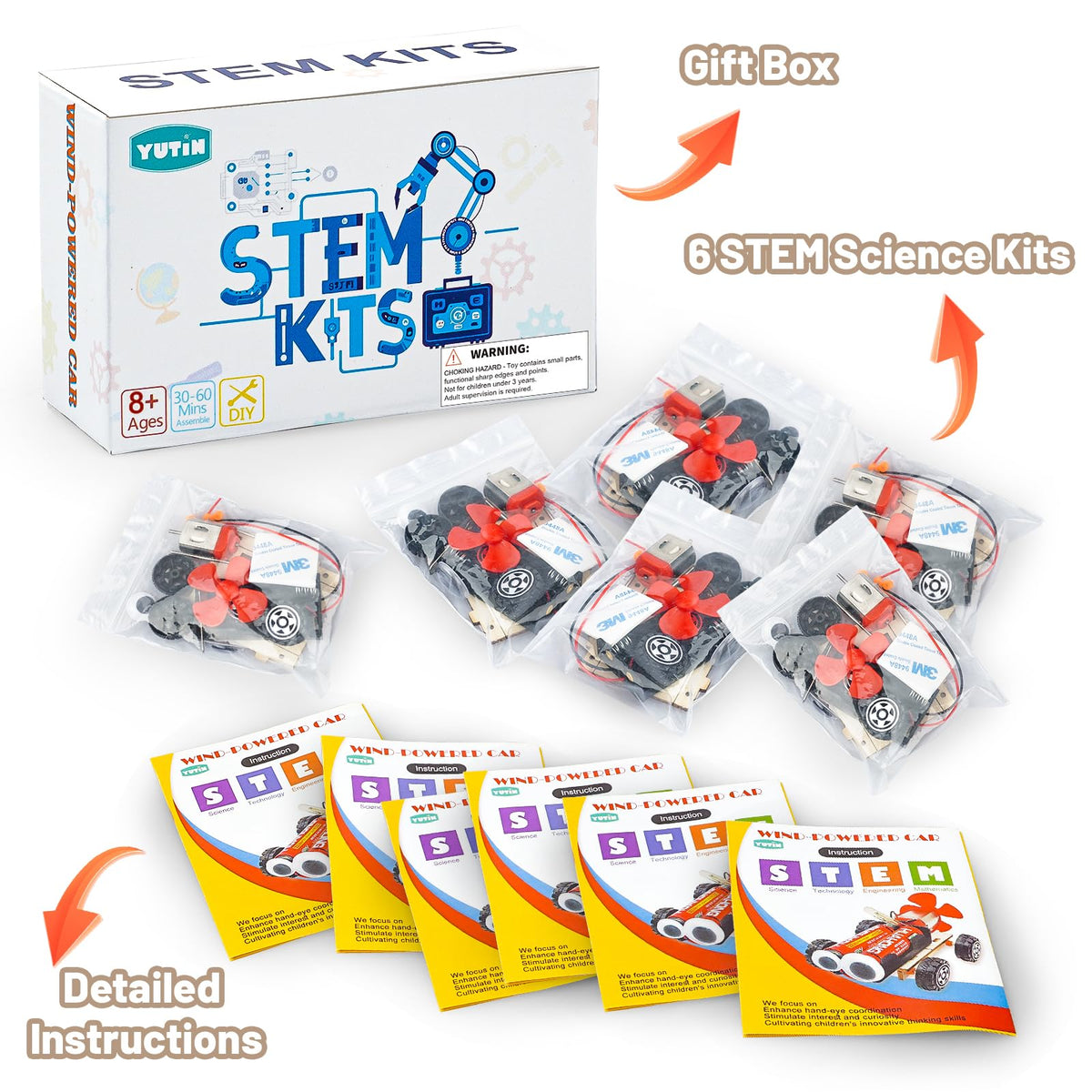 Yutin STEM Wind-Powered Car Kits for Kids 8-12 - 6-Set Wood STEM Toys
