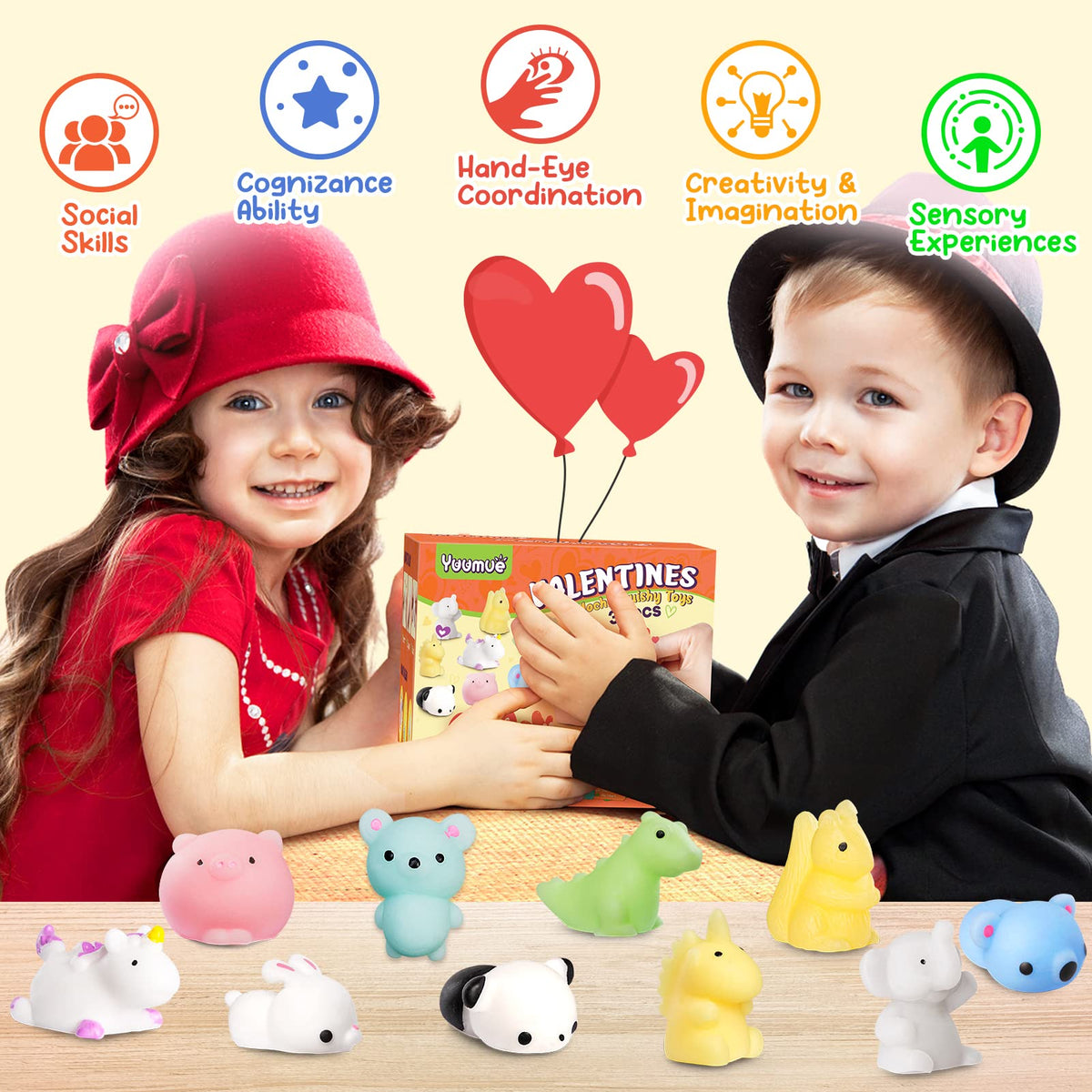 Yuumue 30-Pack Valentines Gift Cards with Mochi Squishy Toys – Classroom Prize Set
