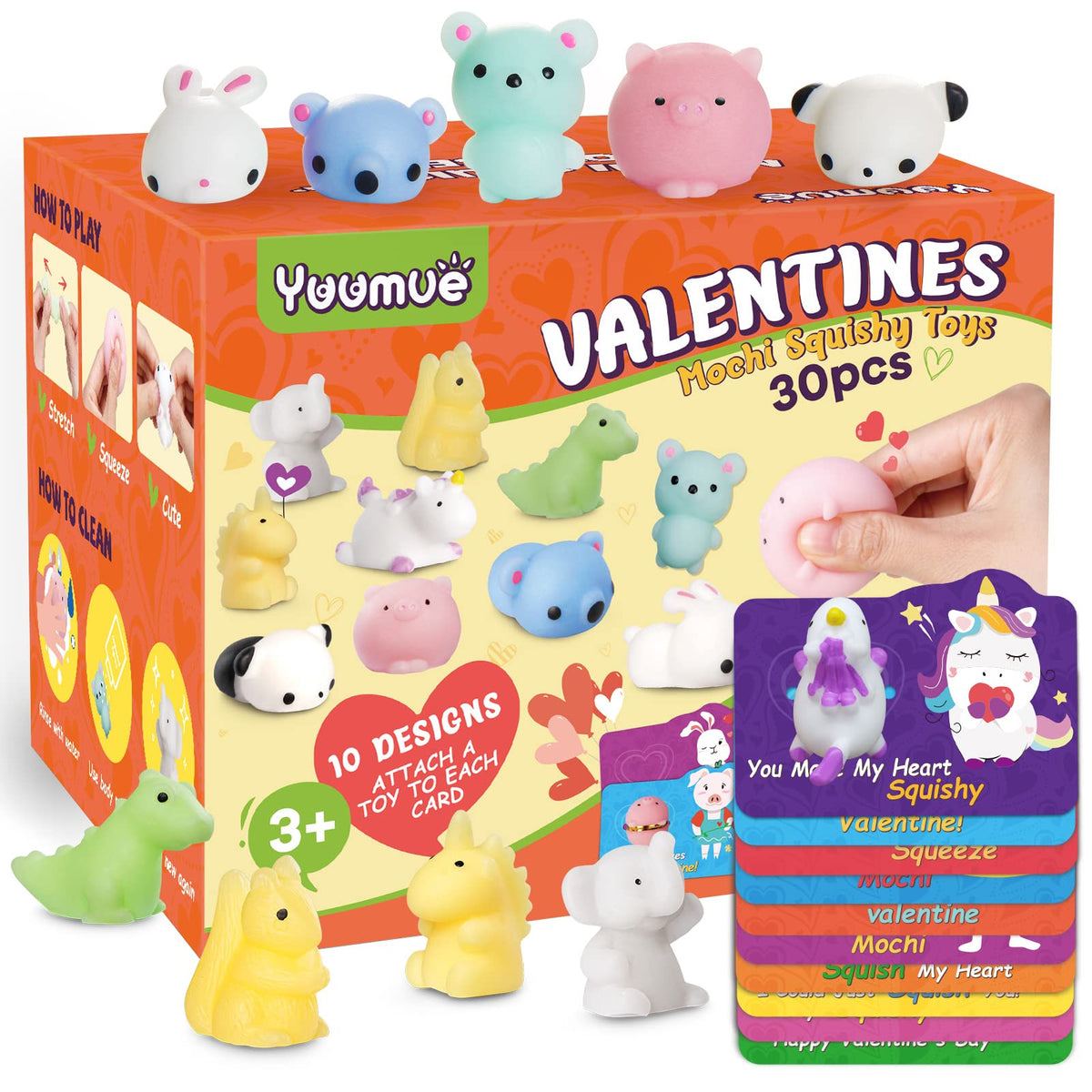 Yuumue 30-Pack Valentines Gift Cards with Mochi Squishy Toys – Classroom Prize Set