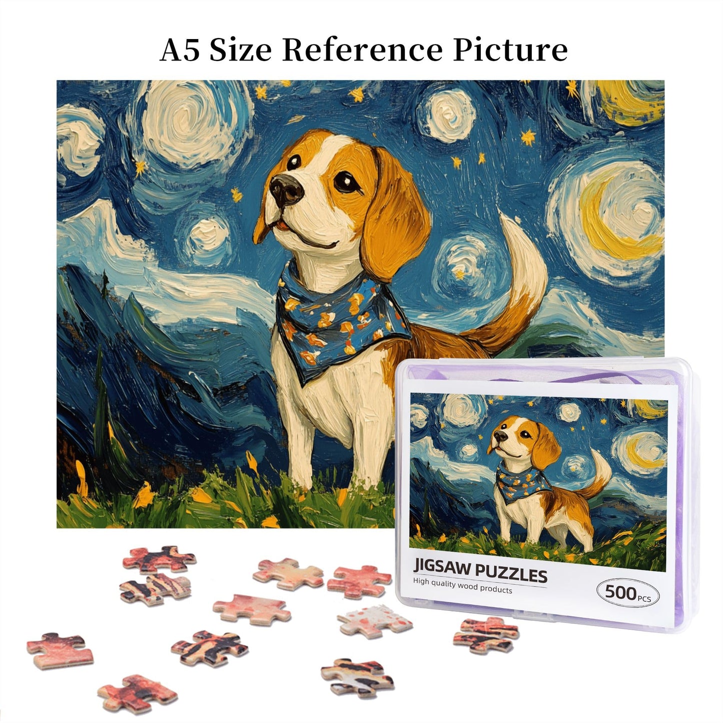 Yuwvewv 500-Piece Starry Night Wooden Puzzle – Beagle Dog under Moonlit Sky