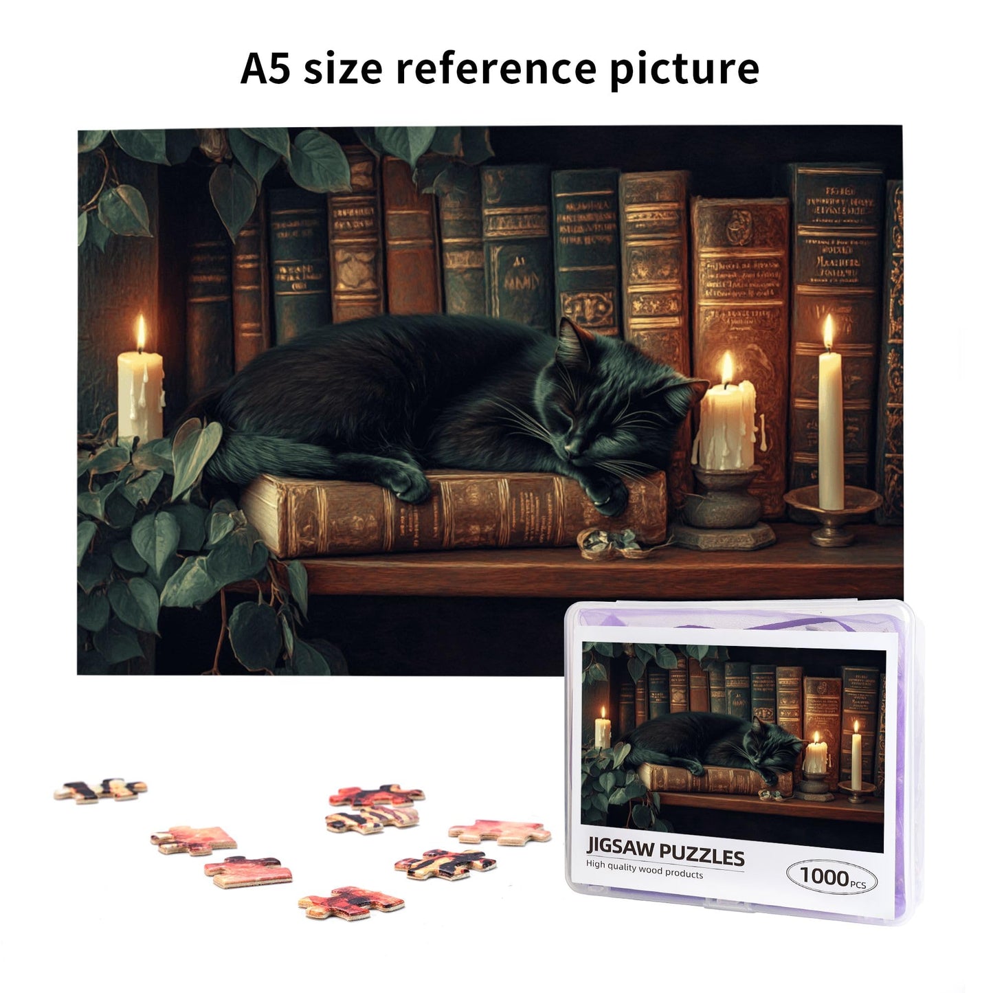 Yuwvewv 1000-Piece Wooden Puzzle for Adults | Black Cat on Bookshelf