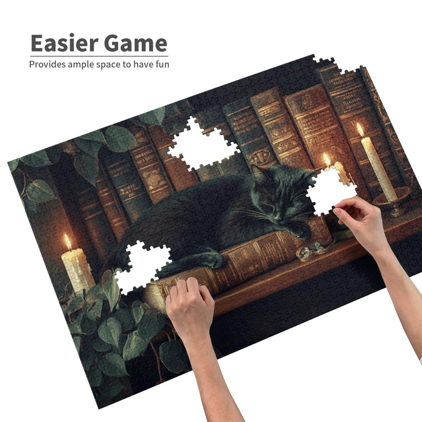Yuwvewv 1000-Piece Wooden Puzzle for Adults | Black Cat on Bookshelf