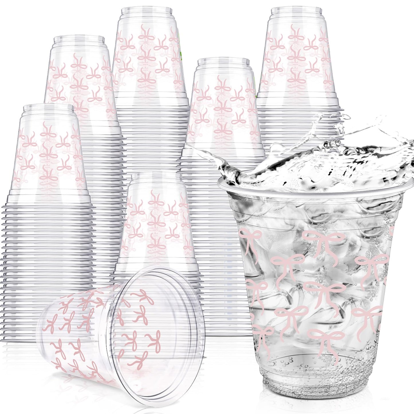 Yuxung Pink Bow Cups - 50-Pack, 12 oz Plastic Tumblers for Birthday & Party
