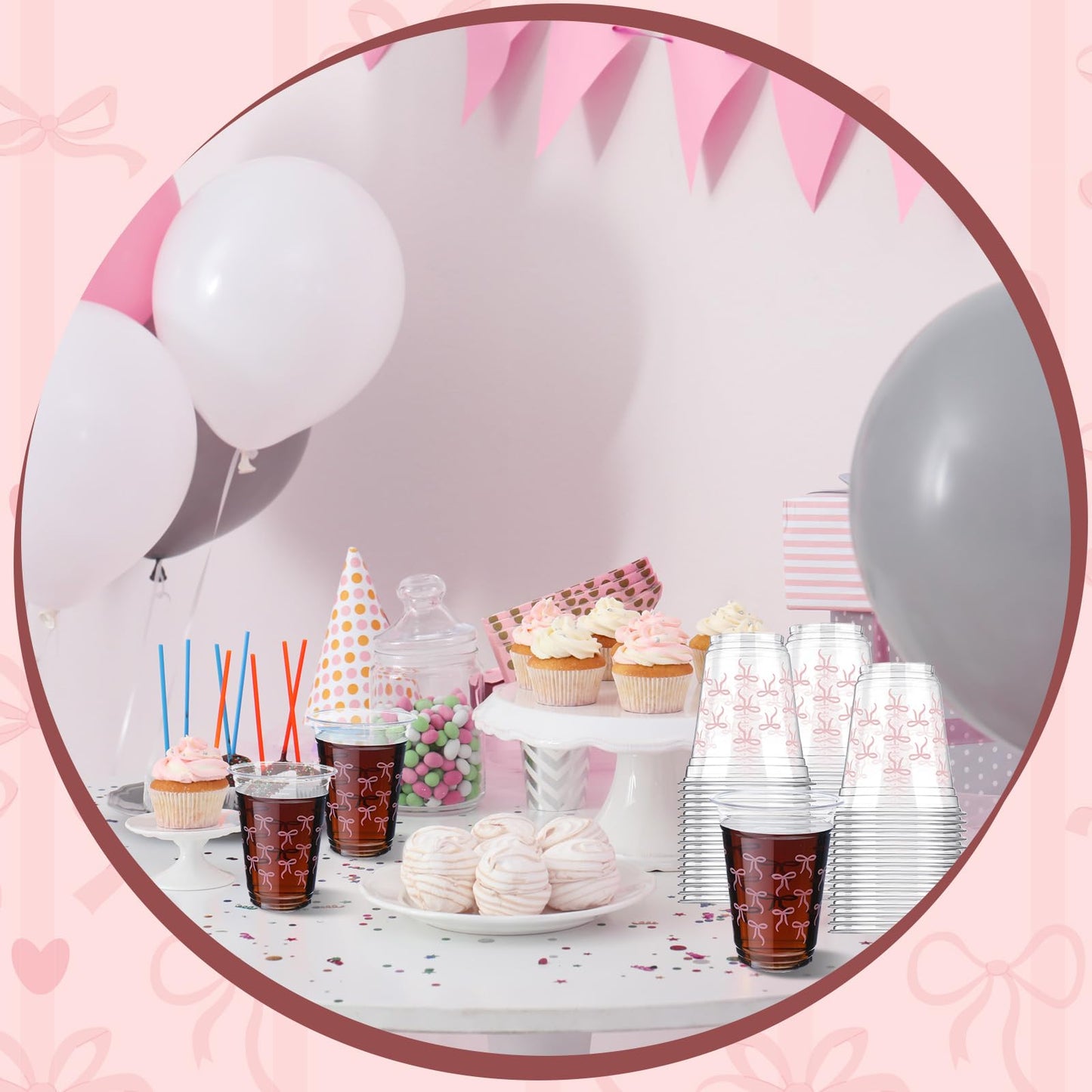 Yuxung Pink Bow Cups - 50-Pack, 12 oz Plastic Tumblers for Birthday & Party