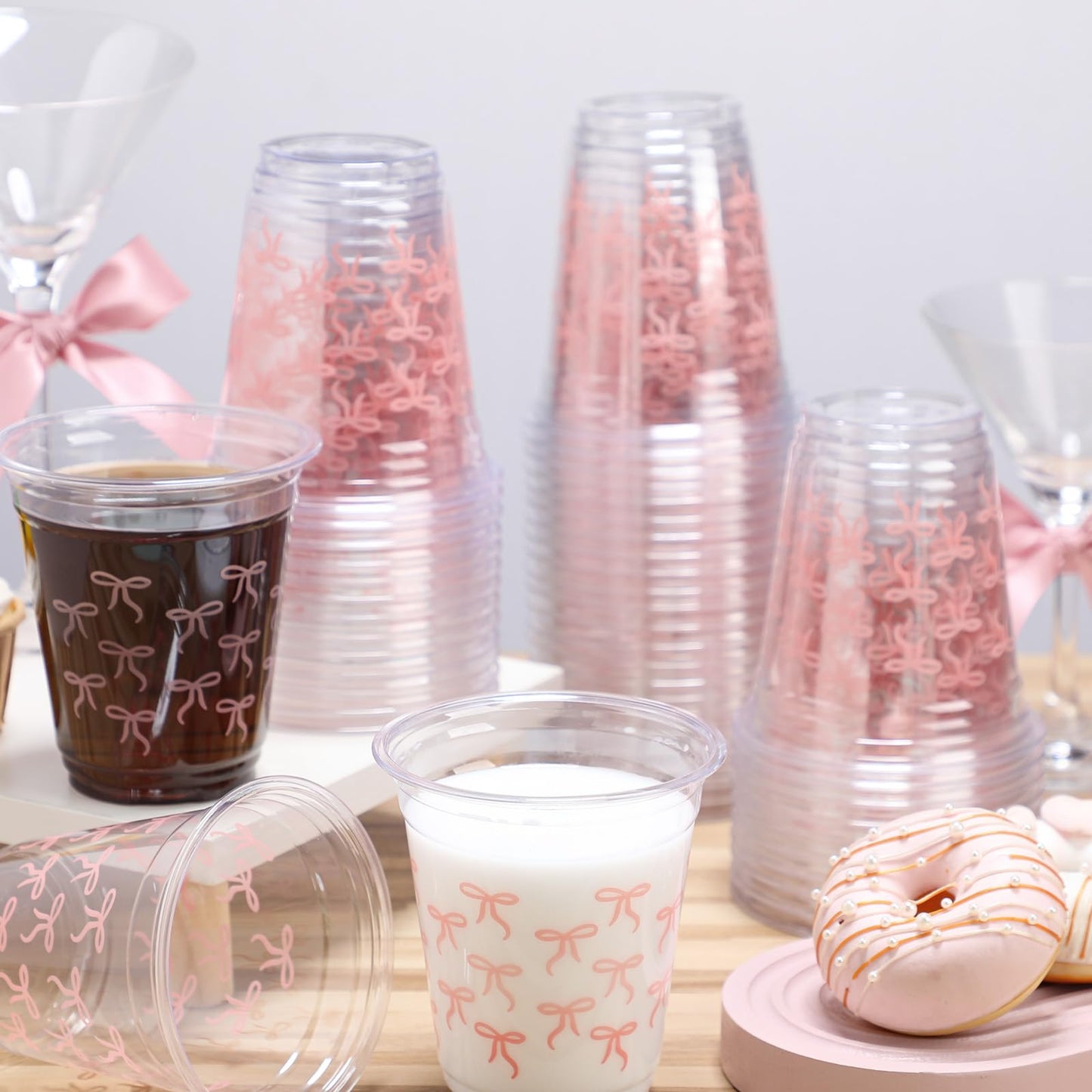 Yuxung Pink Bow Cups - 50-Pack, 12 oz Plastic Tumblers for Birthday & Party