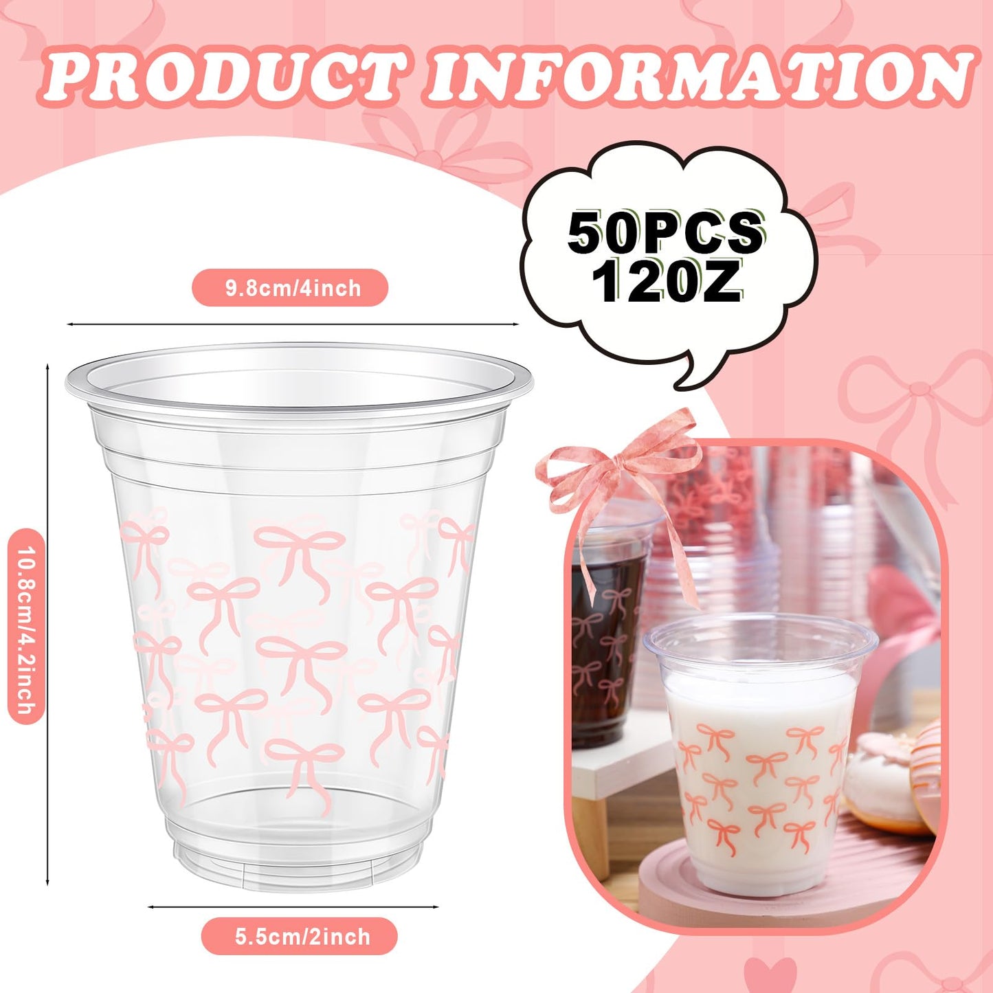 Yuxung Pink Bow Cups - 50-Pack, 12 oz Plastic Tumblers for Birthday & Party