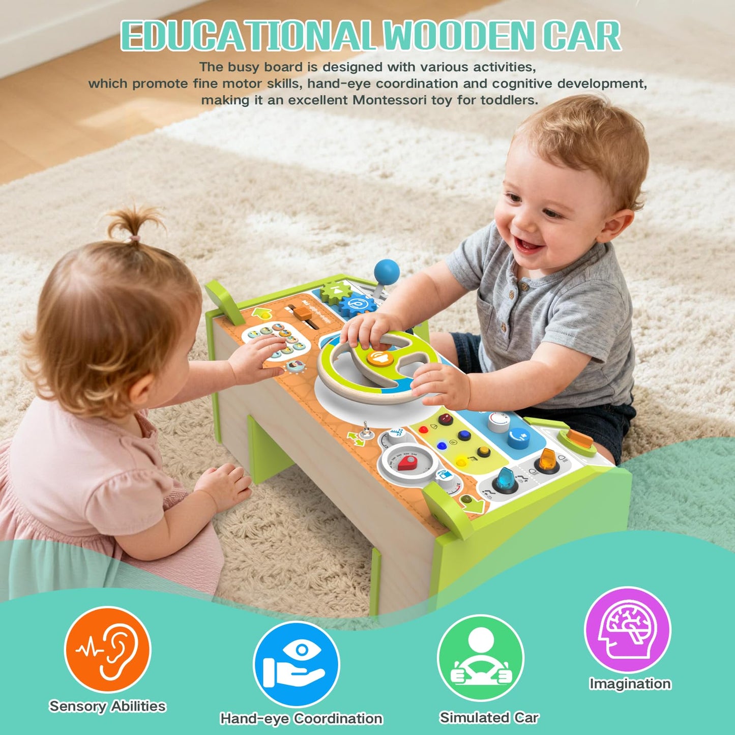 Yuyctwg Montessori Car Busy Board for Toddlers — Wooden Sensory Steering Wheel Toy
