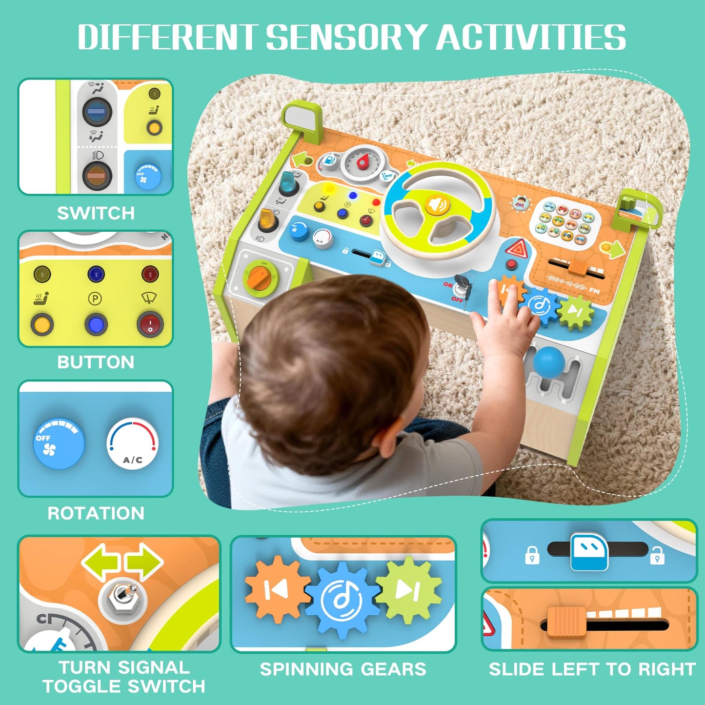 Yuyctwg Montessori Car Busy Board for Toddlers — Wooden Sensory Steering Wheel Toy