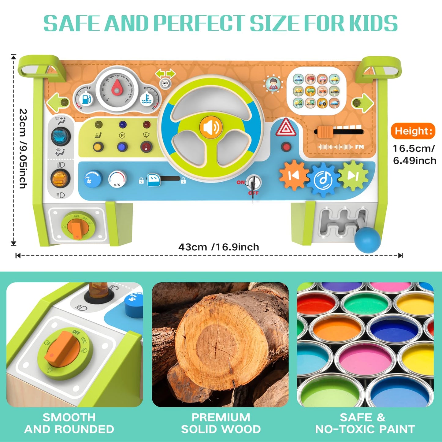 Yuyctwg Montessori Car Busy Board for Toddlers — Wooden Sensory Steering Wheel Toy