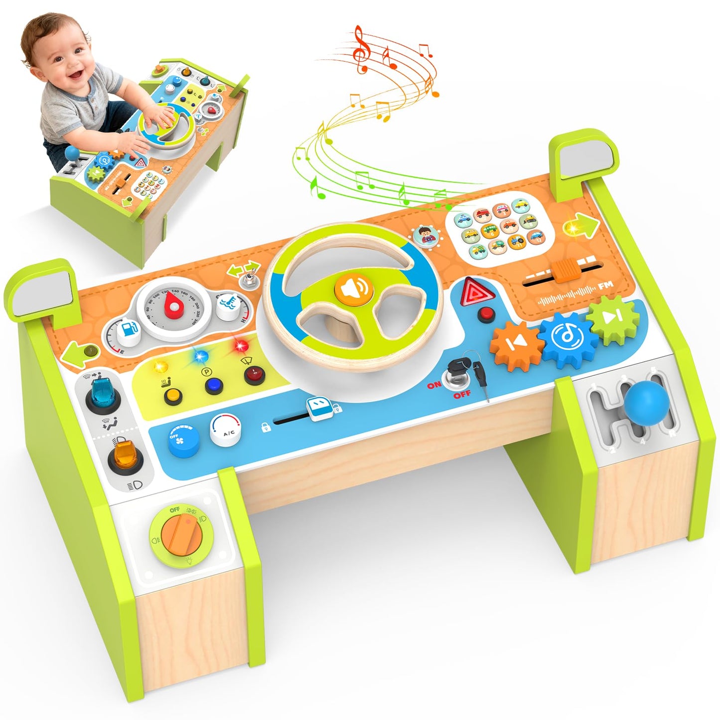 Yuyctwg Montessori Car Busy Board for Toddlers — Wooden Sensory Steering Wheel Toy