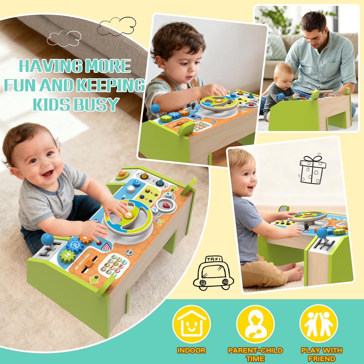 Yuyctwg Montessori Car Busy Board for Toddlers — Wooden Sensory Steering Wheel Toy