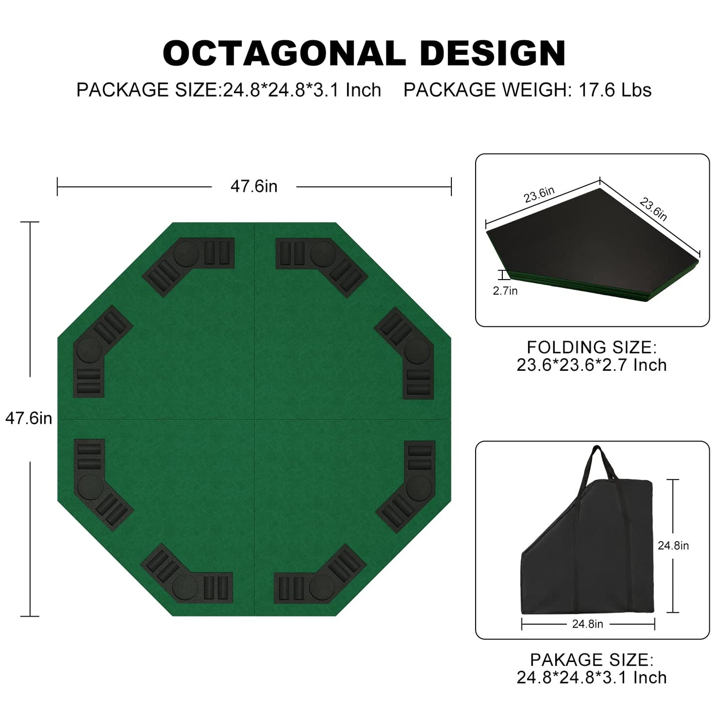 YUZPKRSI 48 Inch Foldable Poker Table Top for 8 Players – Octagon Green Felt with Chip Trays & Cup Holders