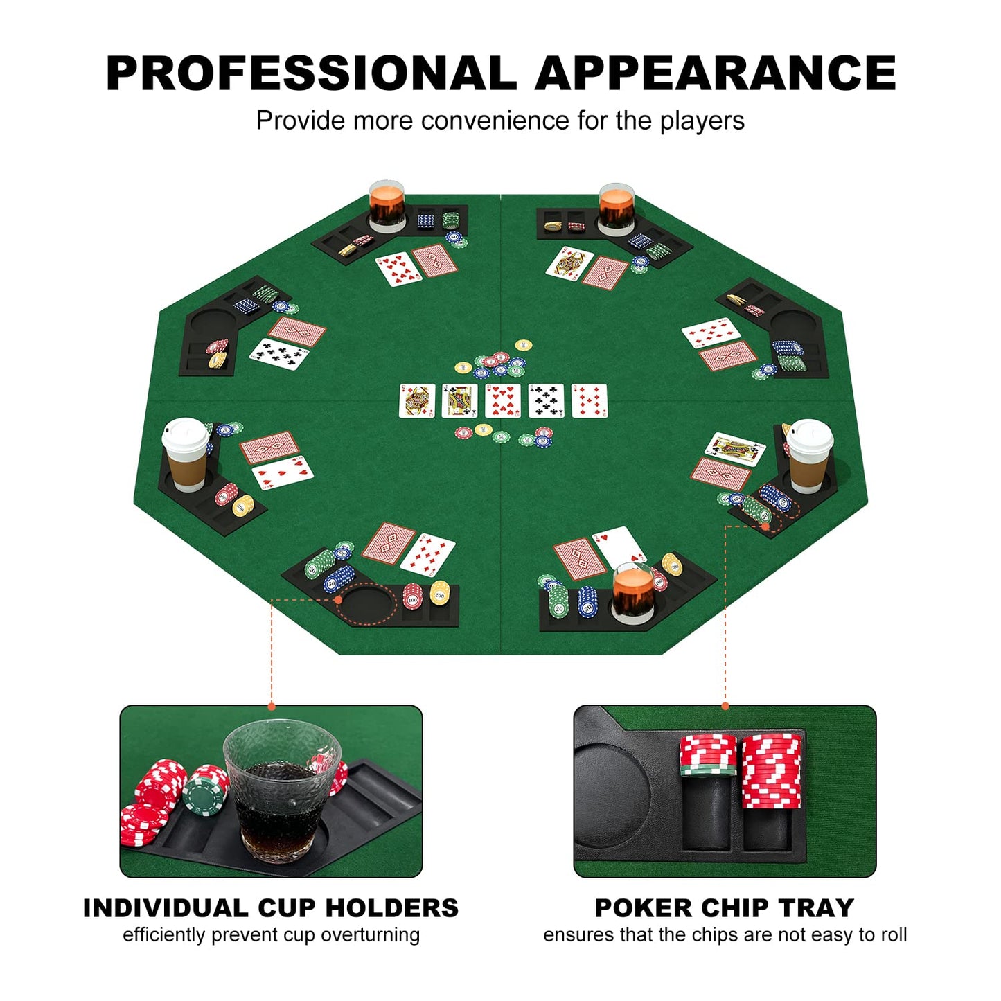 YUZPKRSI 48 Inch Foldable Poker Table Top for 8 Players – Octagon Green Felt with Chip Trays & Cup Holders