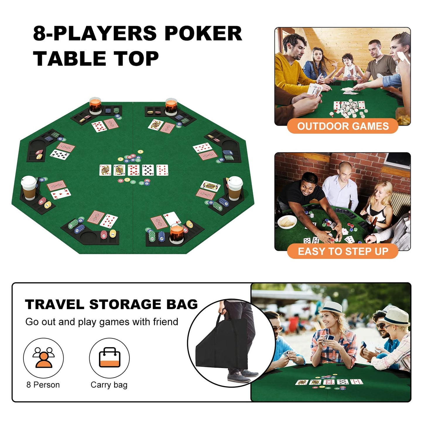 YUZPKRSI 48 Inch Foldable Poker Table Top for 8 Players – Octagon Green Felt with Chip Trays & Cup Holders