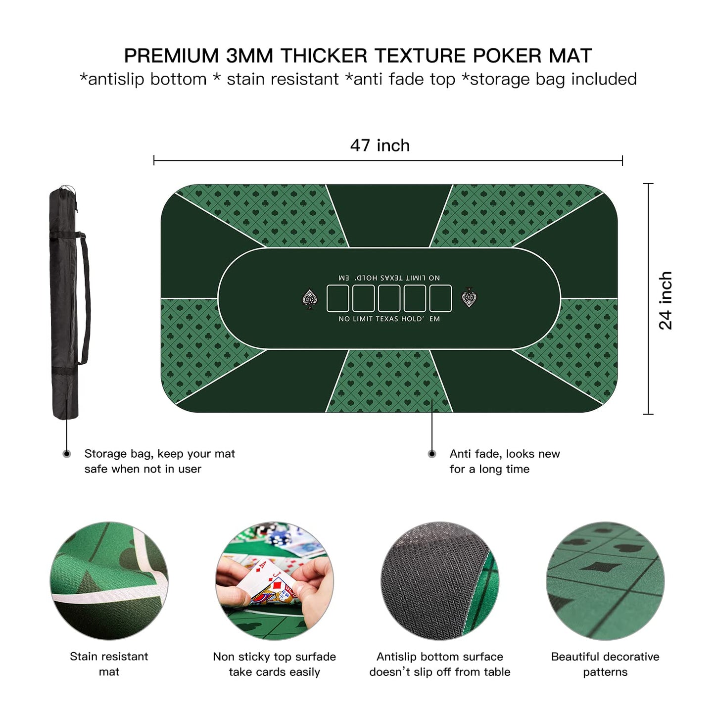YUZPKRSI 47x23 Inch Poker Mat – 6-Player Texas Hold’em Table Top, Folding & Portable with Carry Bag