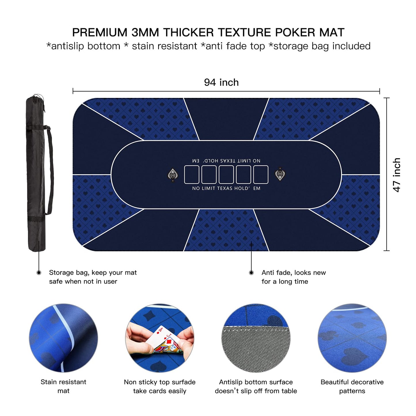 YUZPKRSI 94 x 47 Inch Poker Mat – 3mm Thick, Stronger Sewn Edges, Portable Table Top for 10 Players