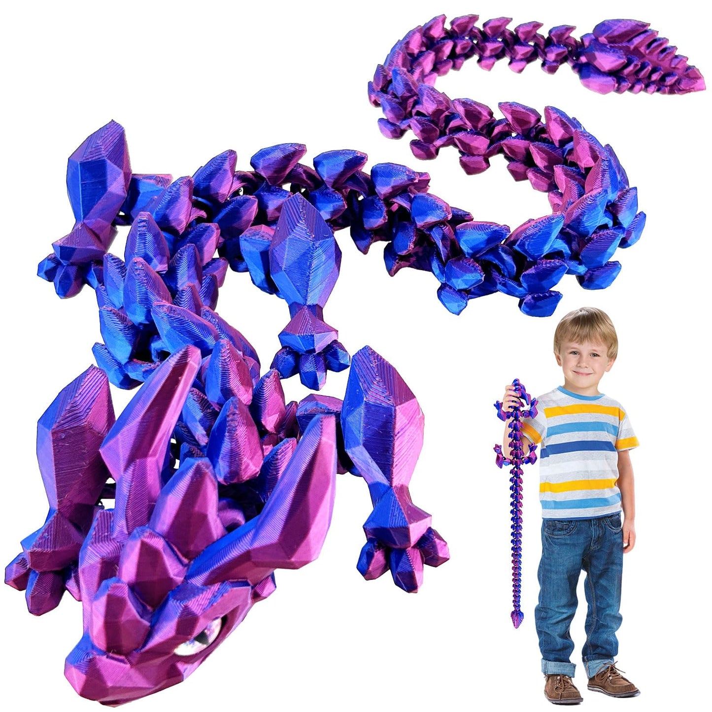 YVBBHE 30in Large 3D Printed Articulated Dragon – Laser Purple Fidget Toy for Stress & Focus