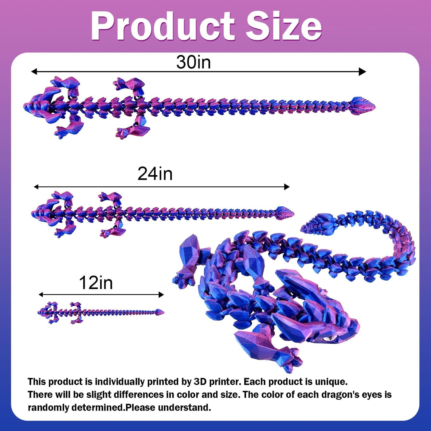 YVBBHE 30in Large 3D Printed Articulated Dragon – Laser Purple Fidget Toy for Stress & Focus