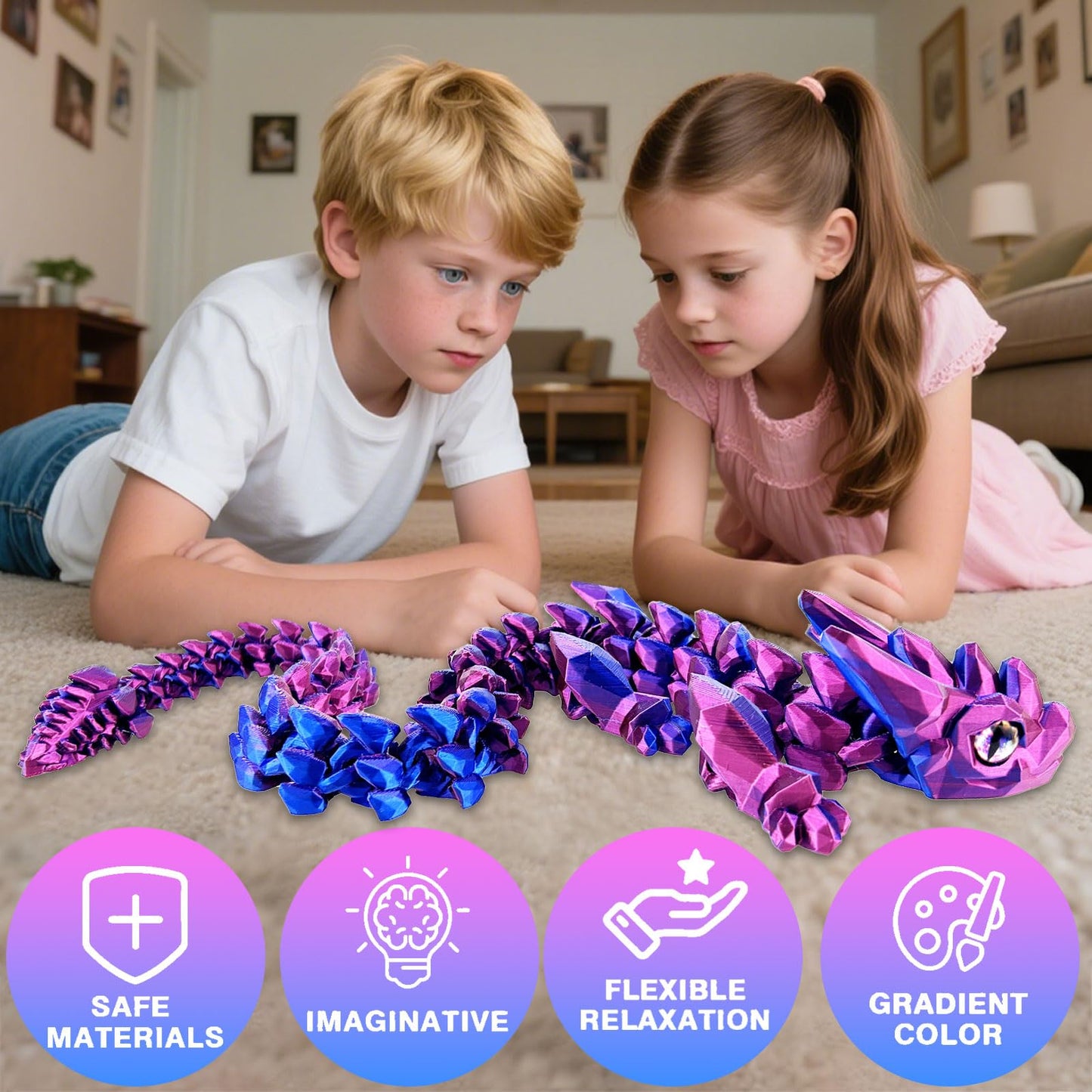 YVBBHE 30in Large 3D Printed Articulated Dragon – Laser Purple Fidget Toy for Stress & Focus