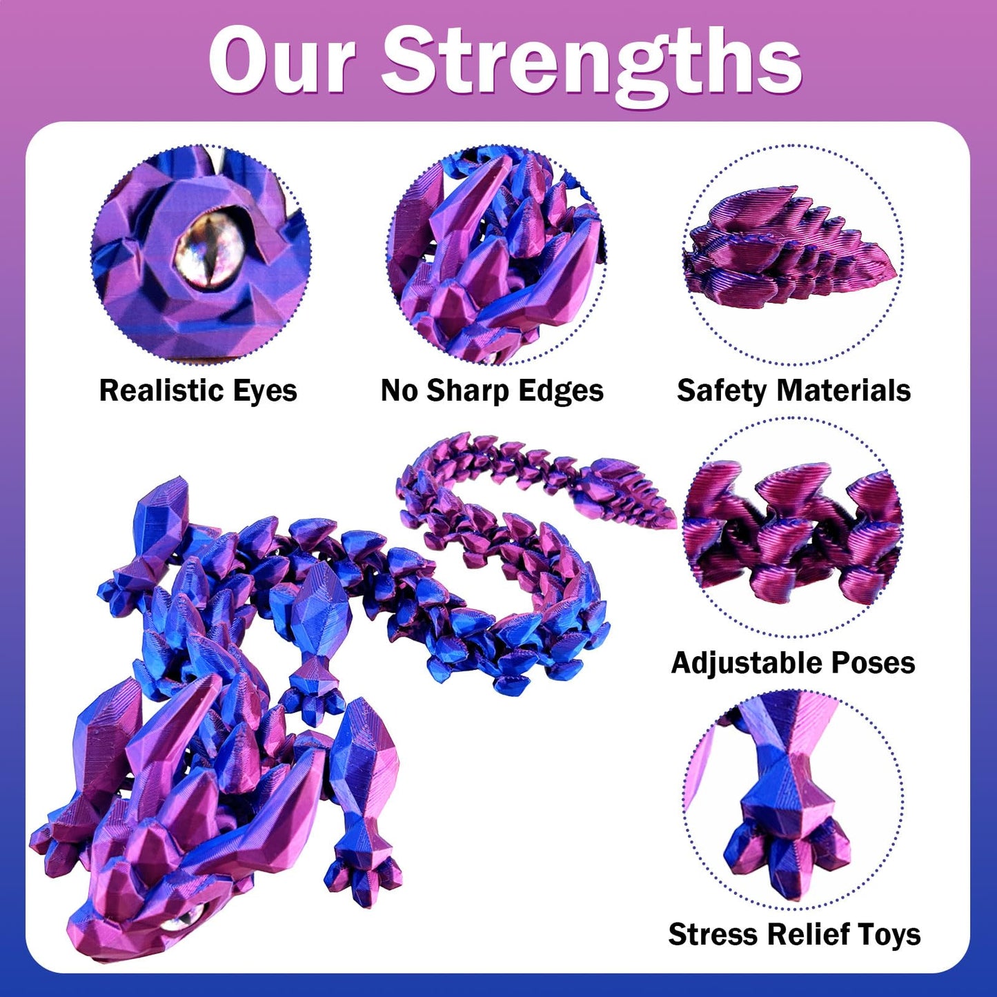 YVBBHE 30in Large 3D Printed Articulated Dragon – Laser Purple Fidget Toy for Stress & Focus