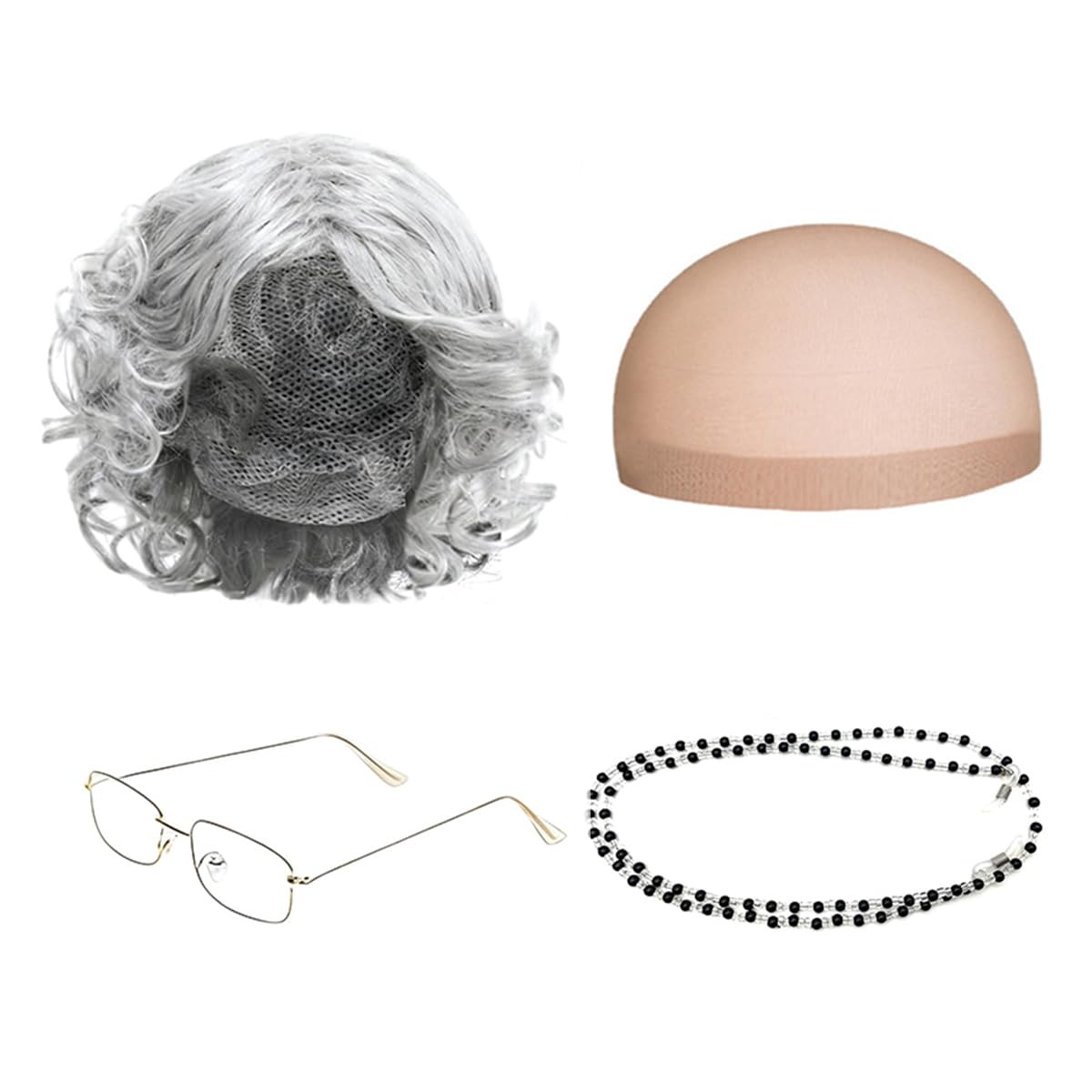 Yxtwaeh 4-Piece Old Lady Wig Costume Set — Gray Wig, Glasses & Accessories