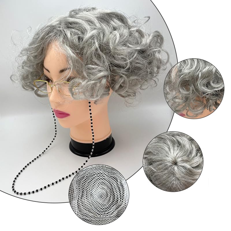 Yxtwaeh 4-Piece Old Lady Wig Costume Set — Gray Wig, Glasses & Accessories