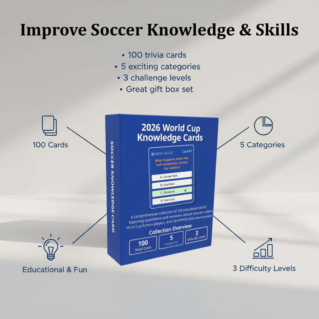 YXYOUNG 2026 World Cup Soccer Trivia Cards – 100 Questions, 5 Categories, 3 Difficulty Levels