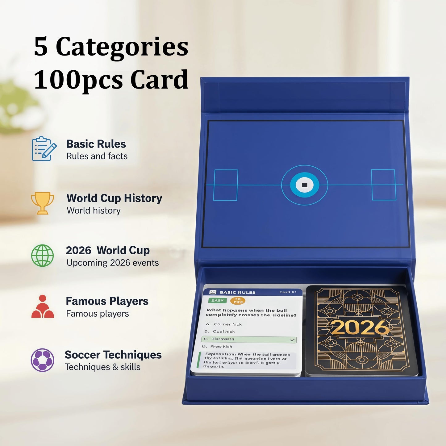 YXYOUNG 2026 World Cup Soccer Trivia Cards – 100 Questions, 5 Categories, 3 Difficulty Levels