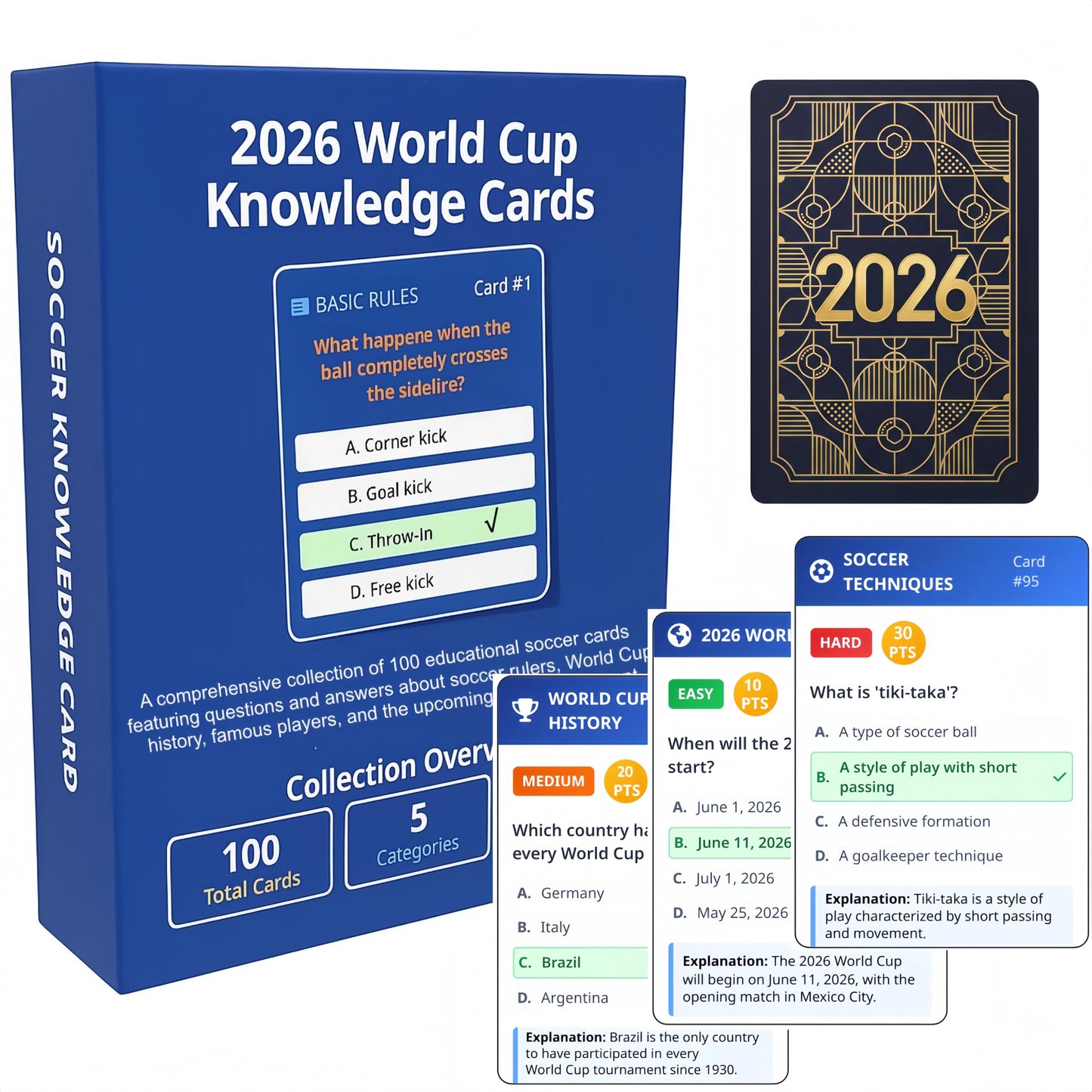 YXYOUNG 2026 World Cup Soccer Trivia Cards – 100 Questions, 5 Categories, 3 Difficulty Levels