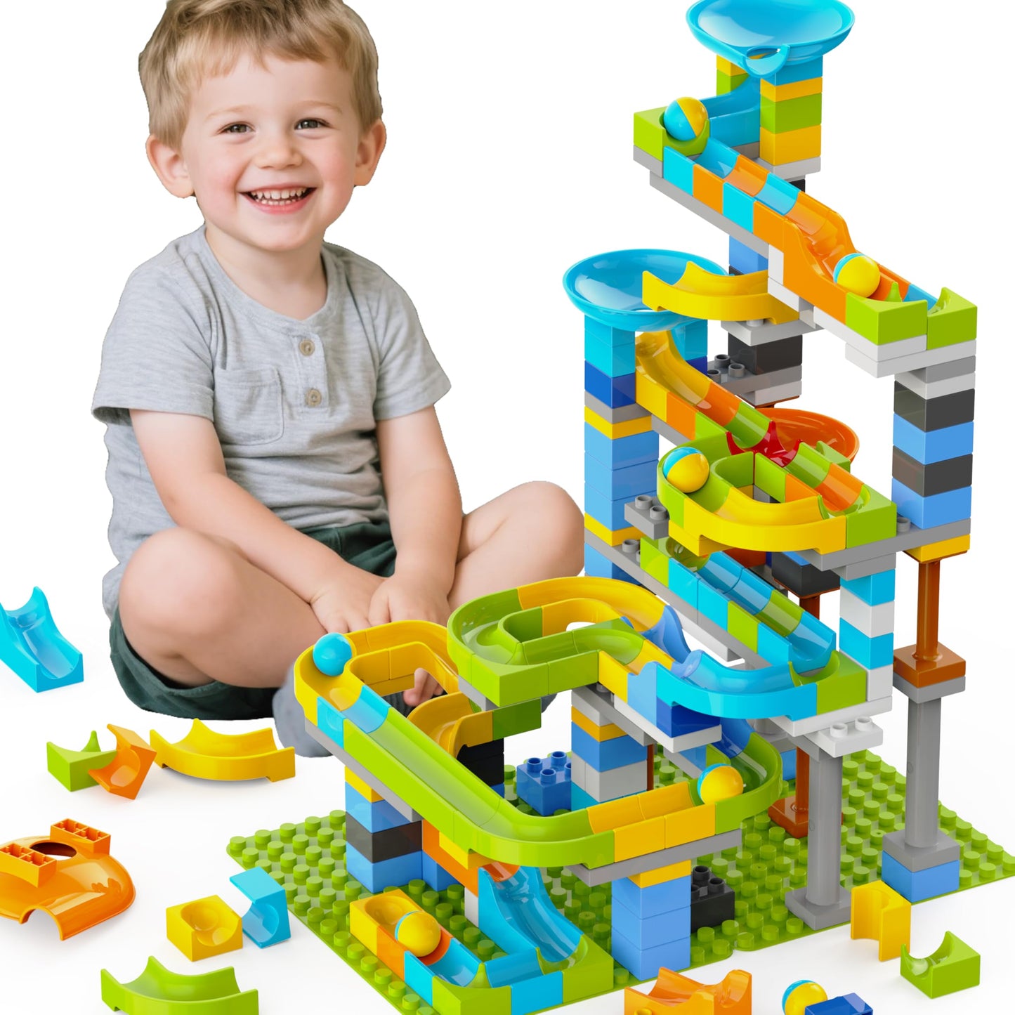YY LANDTOYS 3in1 Marble Runs for Kids 3-5 | 203 Pieces LEGO DUPLO Compatible STEM Building Toy