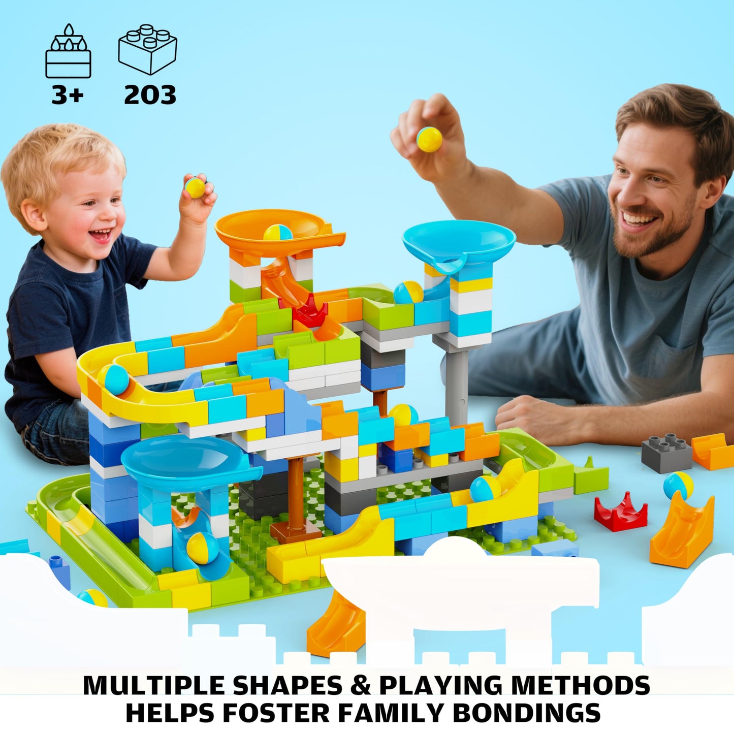 YY LANDTOYS 3in1 Marble Runs for Kids 3-5 | 203 Pieces LEGO DUPLO Compatible STEM Building Toy