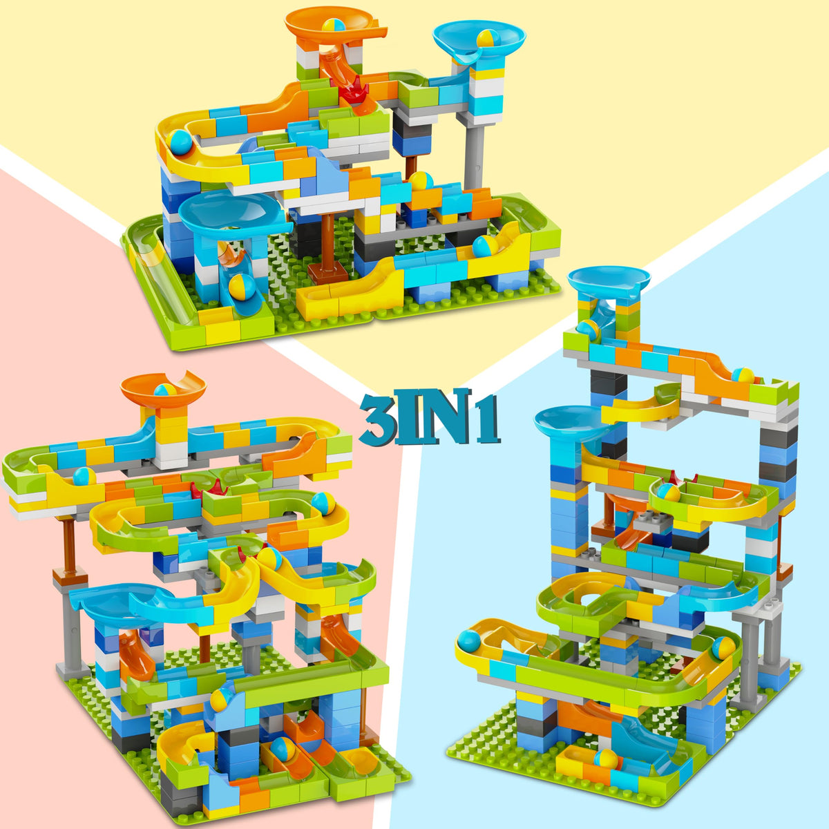 YY LANDTOYS 3in1 Marble Runs for Kids 3-5 | 203 Pieces LEGO DUPLO Compatible STEM Building Toy